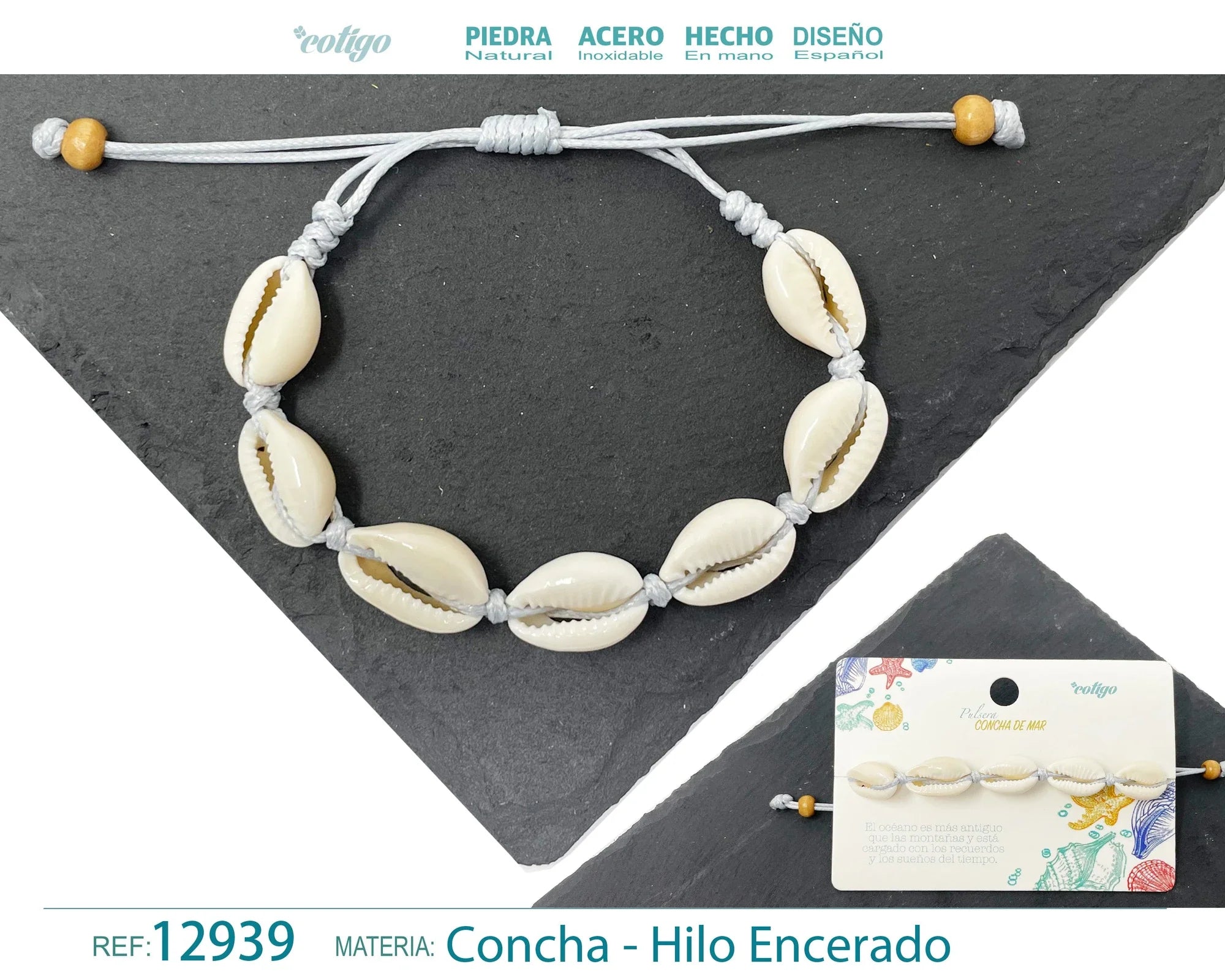 Pulsera Concha Hilo Encerado Gris Claro