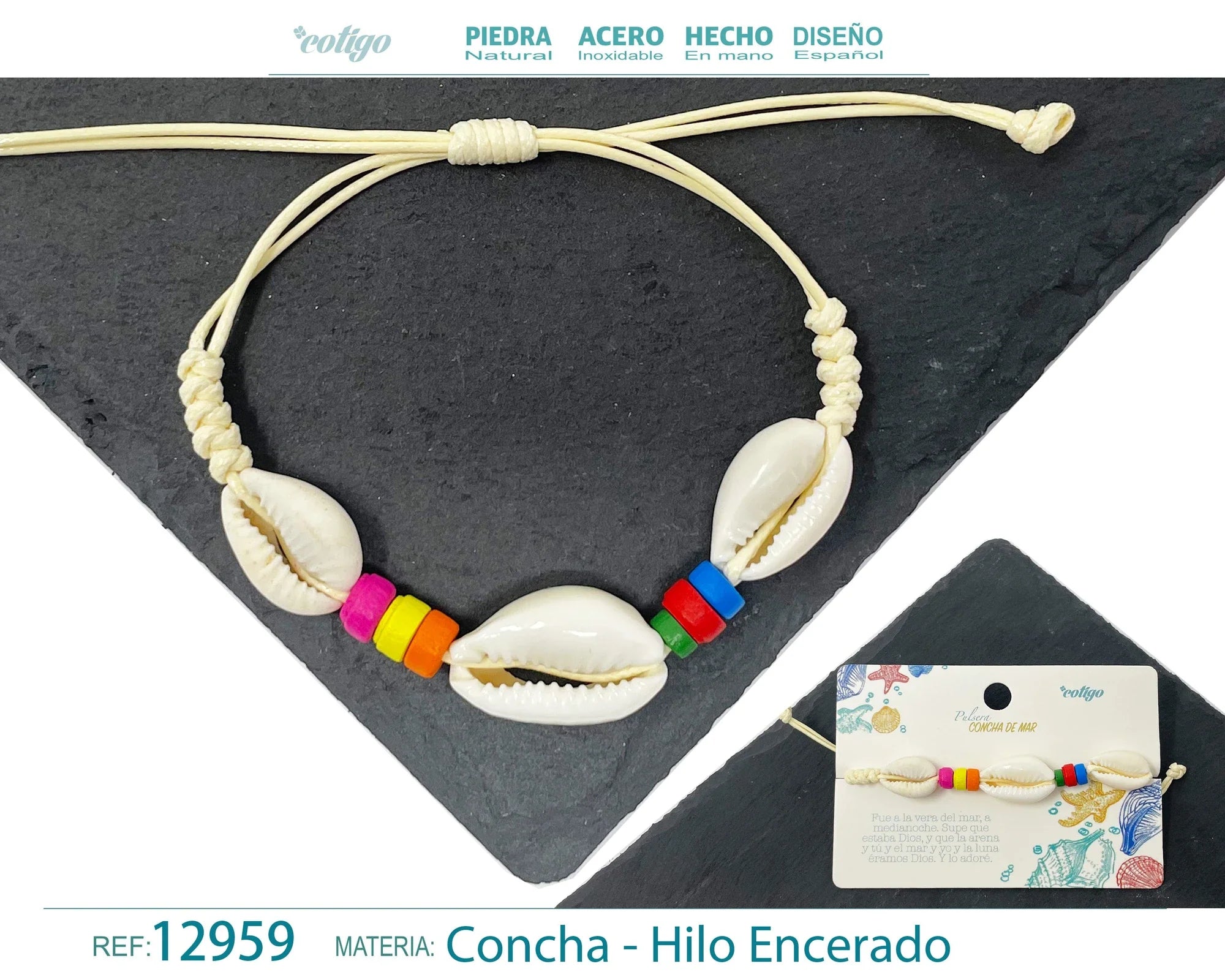 Pulsera Concha Hilo Encerado Natural Multicolor Concha Central