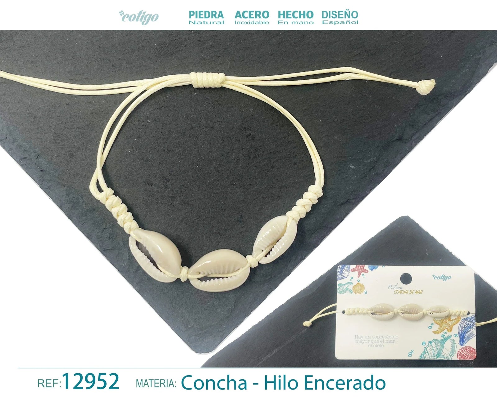 Pulsera Concha Hilo Encerado Natural Tres Conchas
