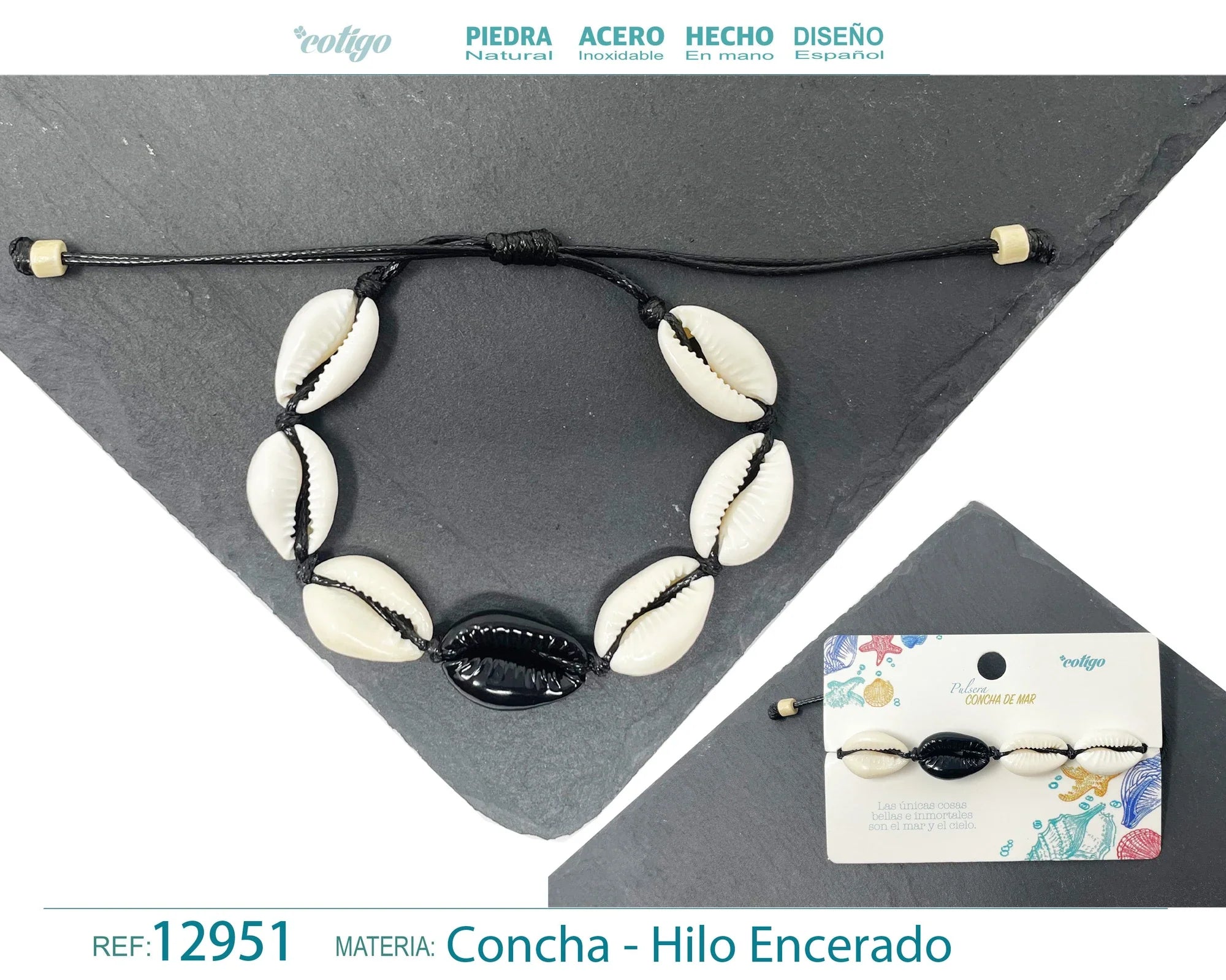 Pulsera Concha Hilo Encerado Negro Concha Central
