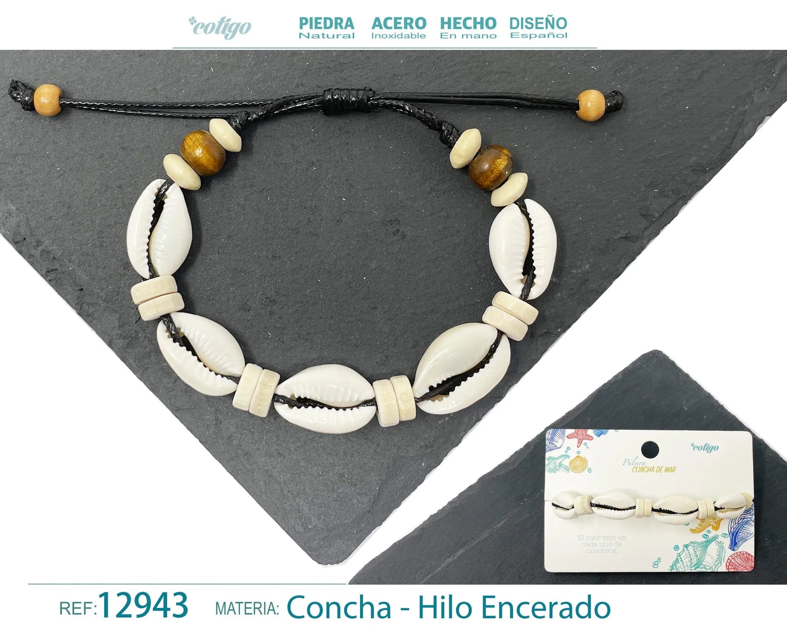 Pulsera Concha Hilo Encerado Negro Cuentas Crema