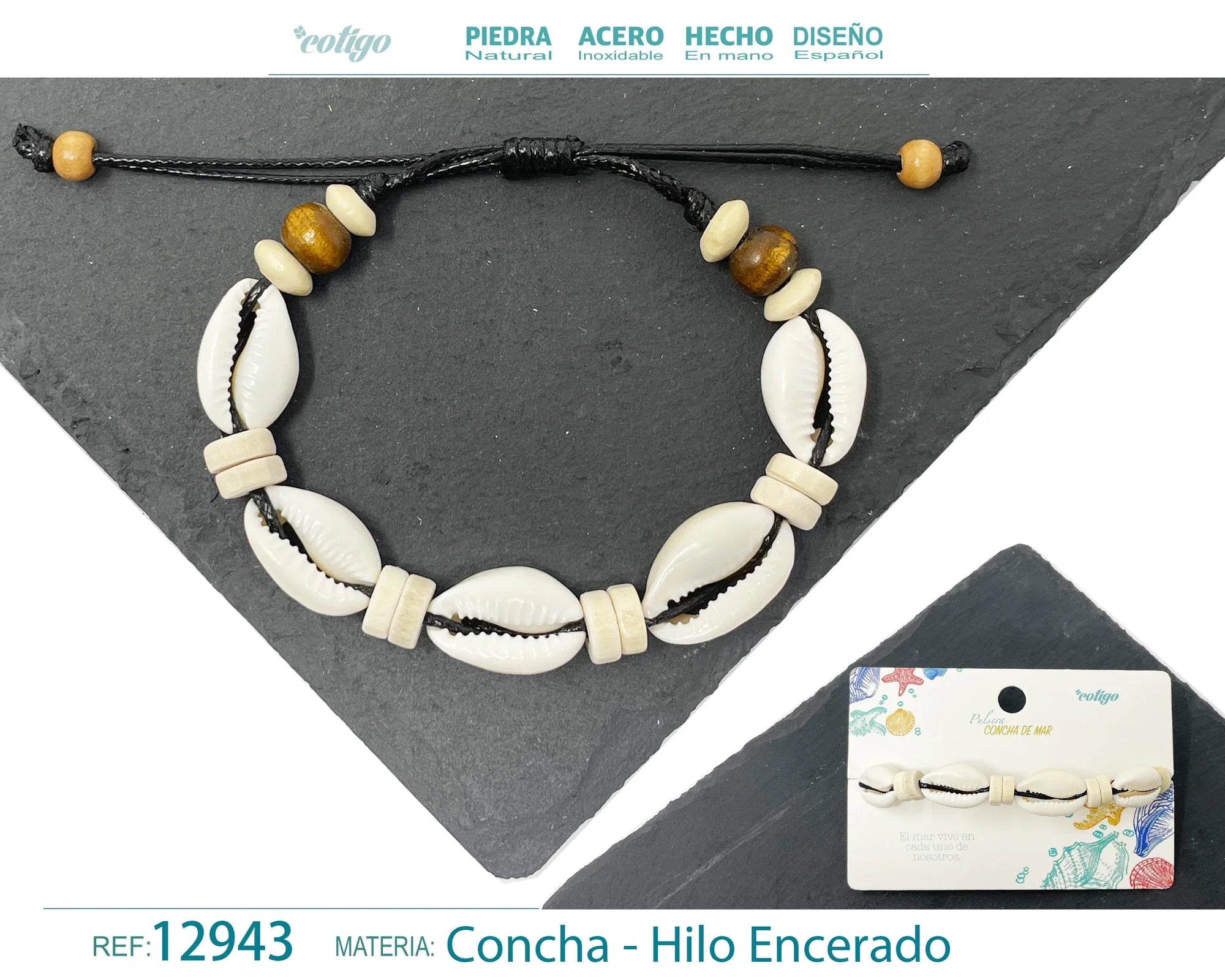 Pulsera Concha Hilo Encerado Negro Cuentas Crema
