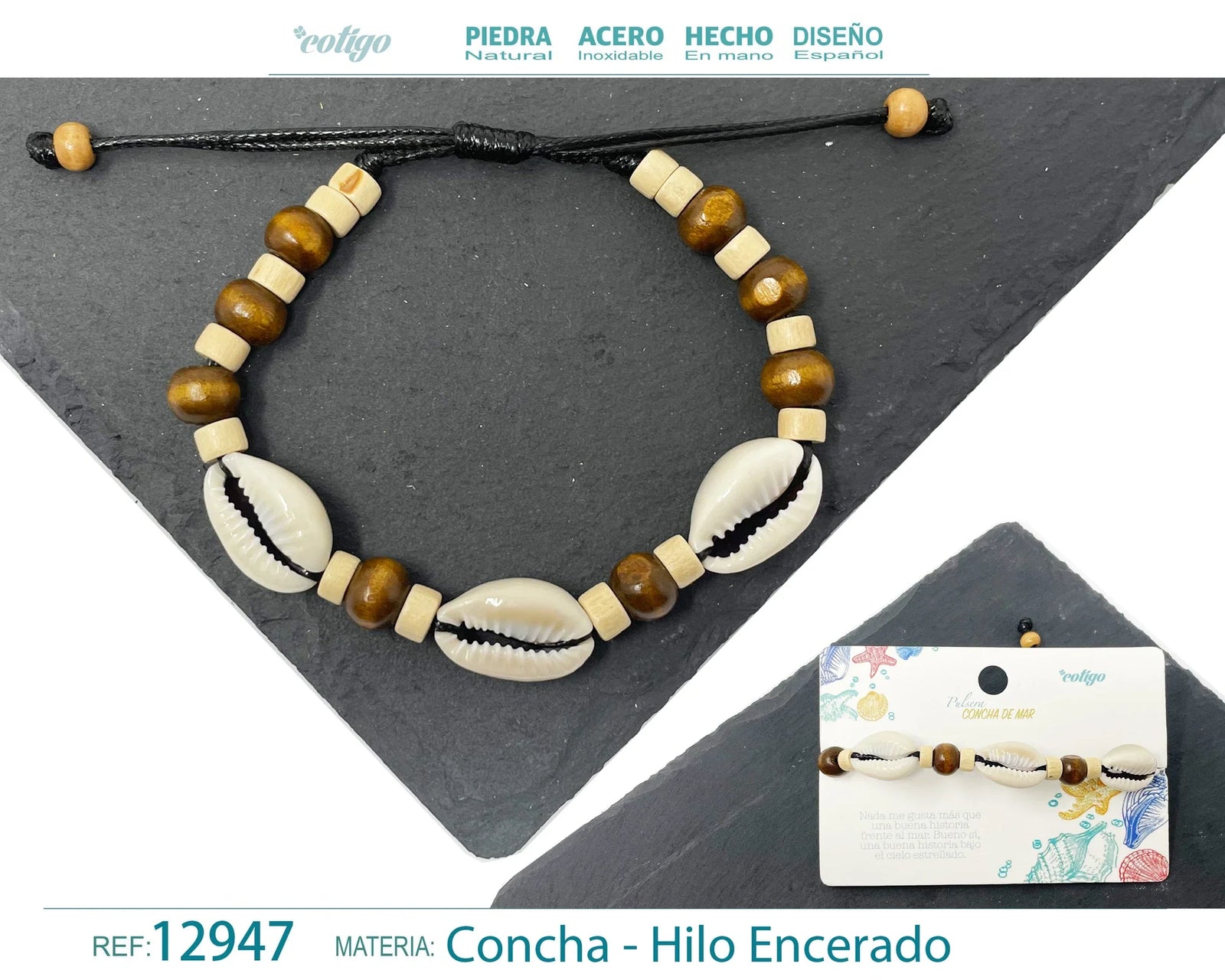 Pulsera Concha Hilo Encerado Negro Cuentas Doradas