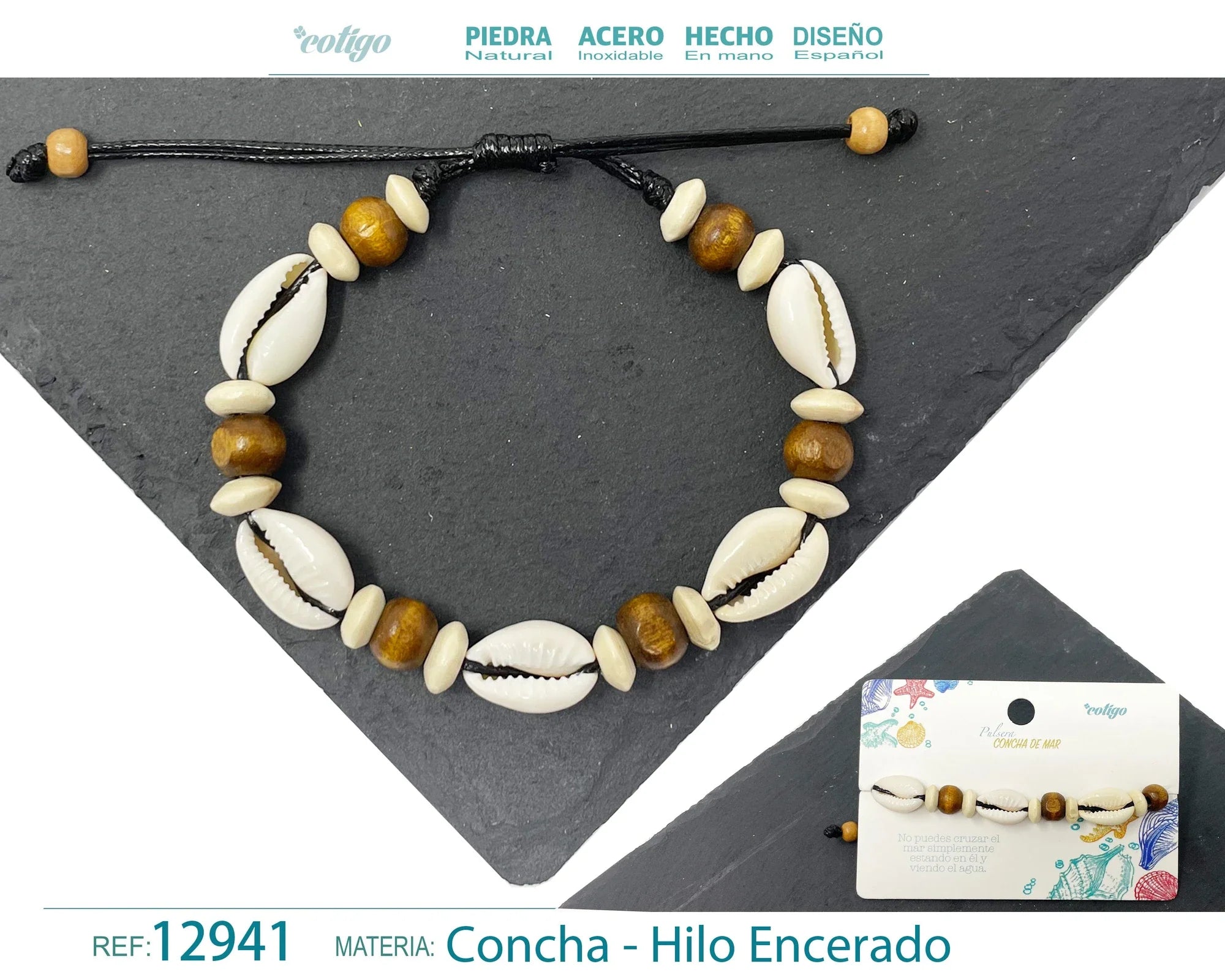 Pulsera Concha Hilo Encerado Negro Cuentas Madera