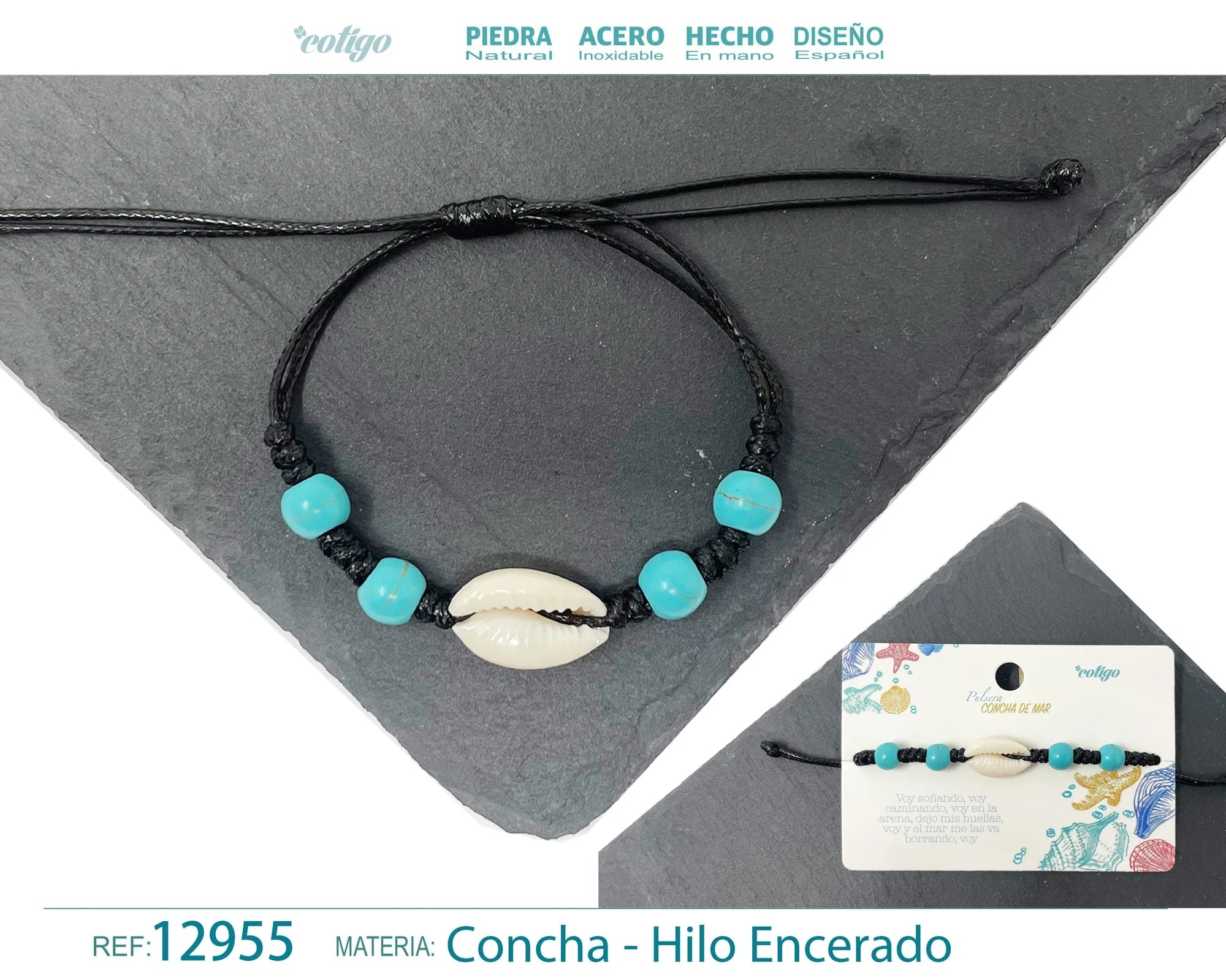 Pulsera Concha Hilo Encerado Negro Cuentas Turquesa