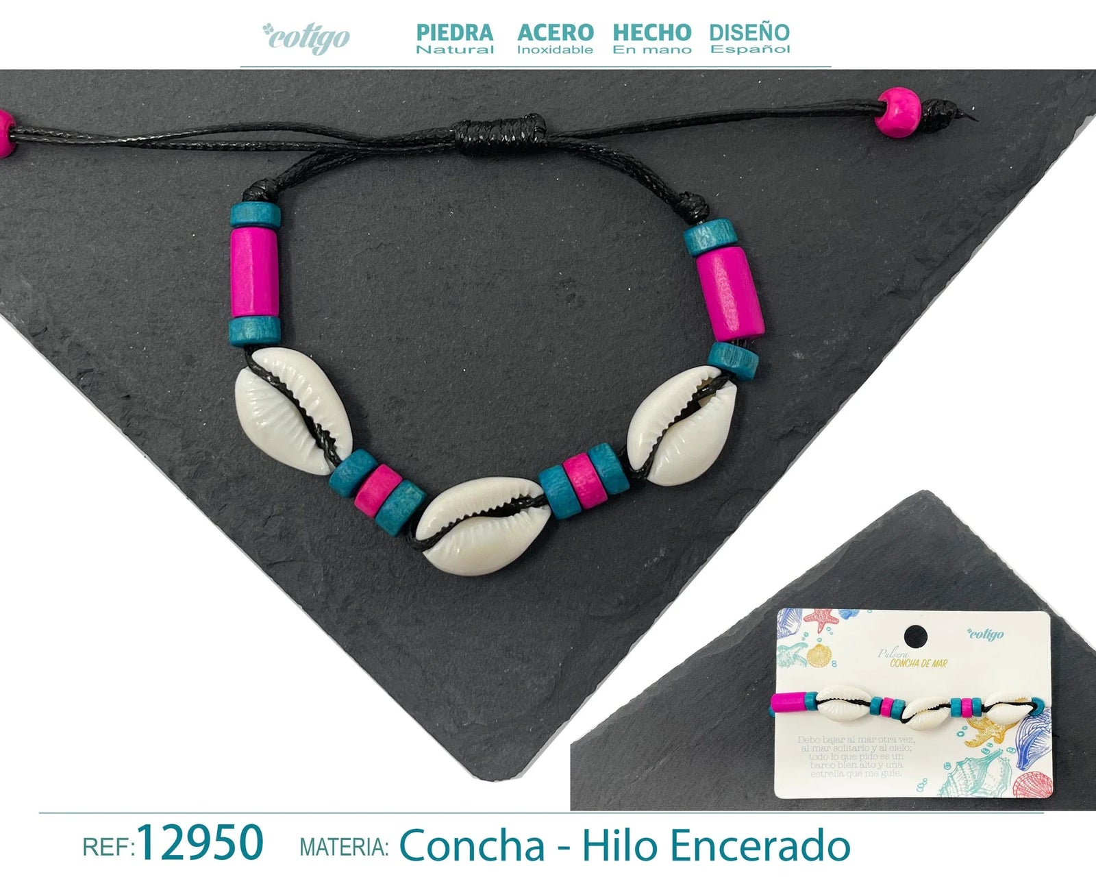 Pulsera Concha Hilo Encerado Negro Fucsia Turquesa