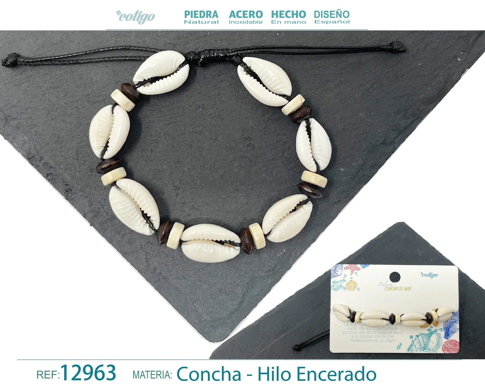 Pulsera Concha Hilo Encerado Negro Marrón Conchas