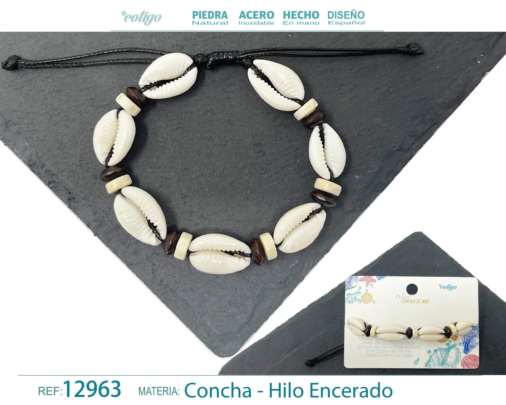 Pulsera Concha Hilo Encerado Negro Marrón Conchas