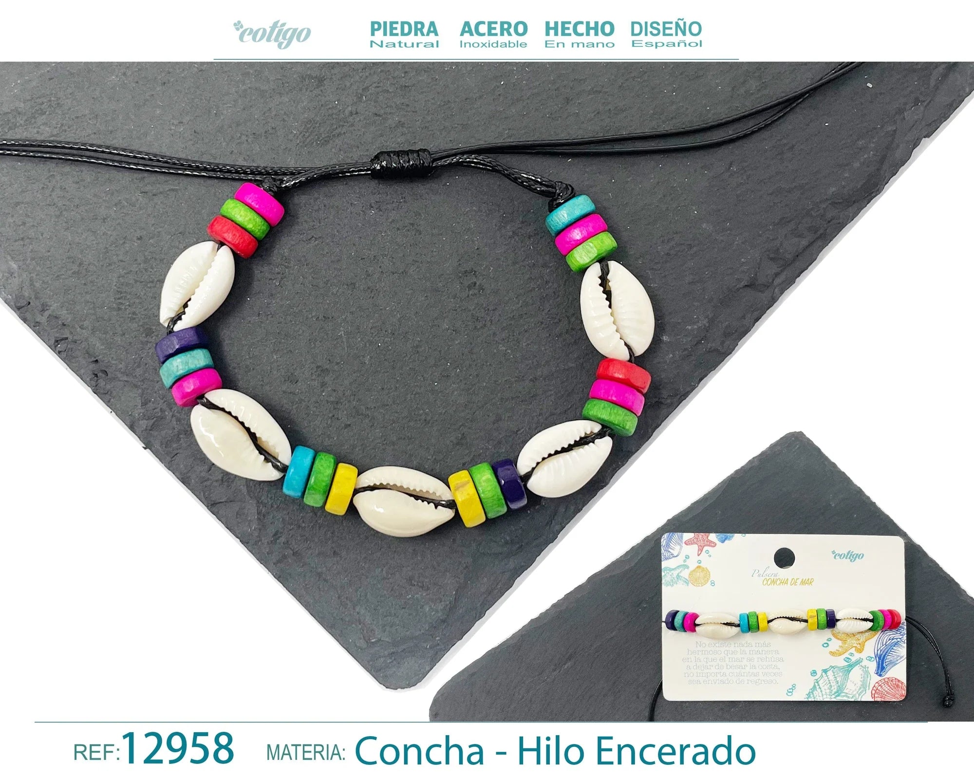 Pulsera Concha Hilo Encerado Negro Multicolor Conchas