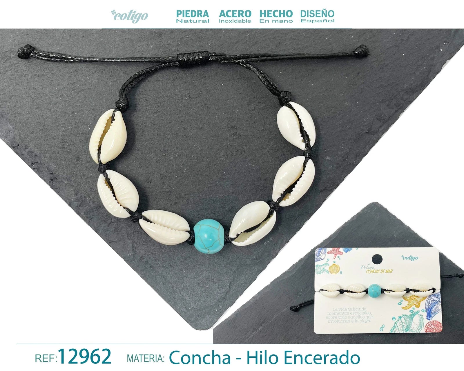 Pulsera Concha Hilo Encerado Negro Turquesa Conchas