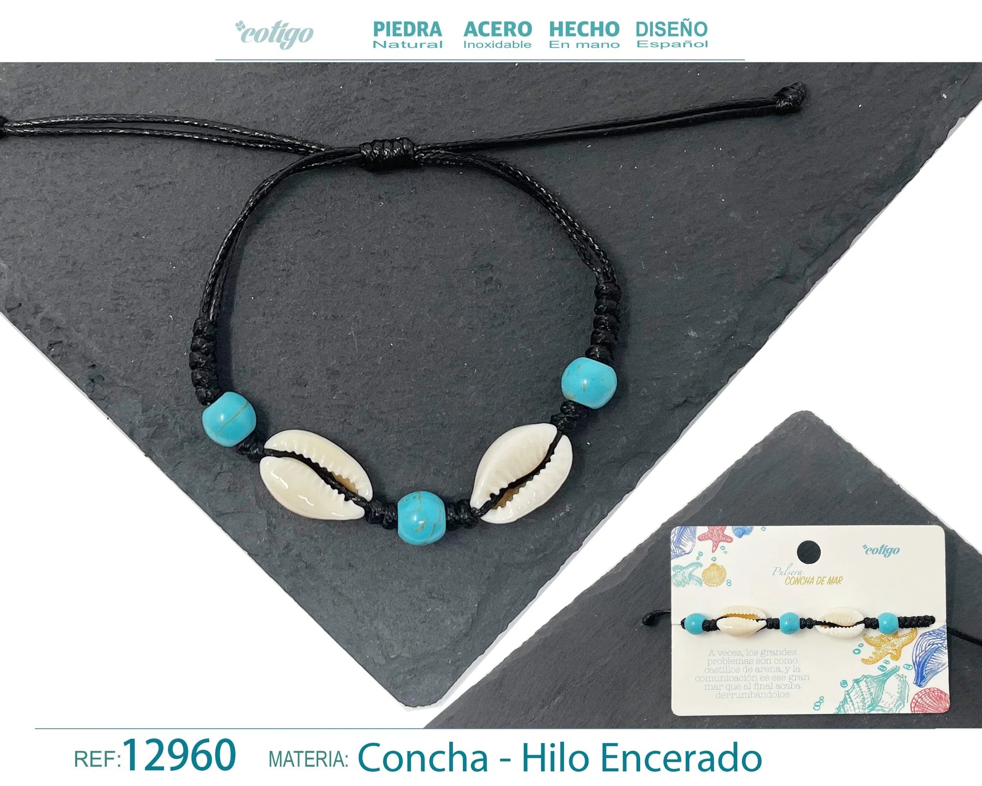 Pulsera Concha Hilo Encerado Negro Turquesa Dos Conchas