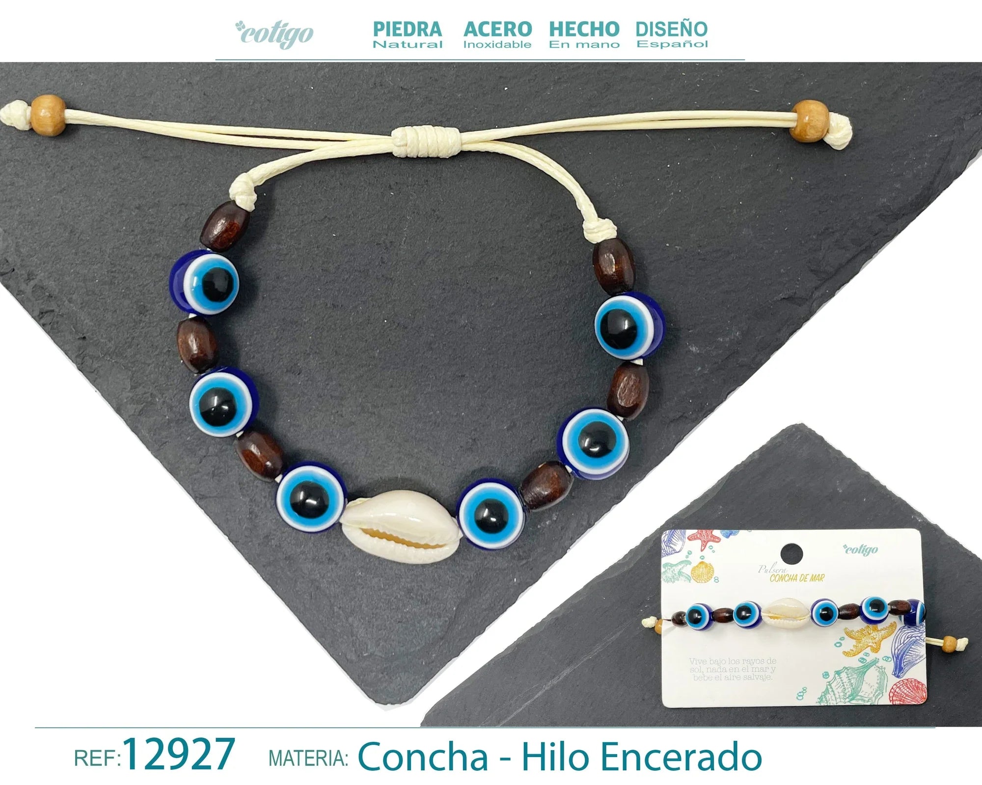 Pulsera Concha Hilo Encerado Ojo Turco Azul
