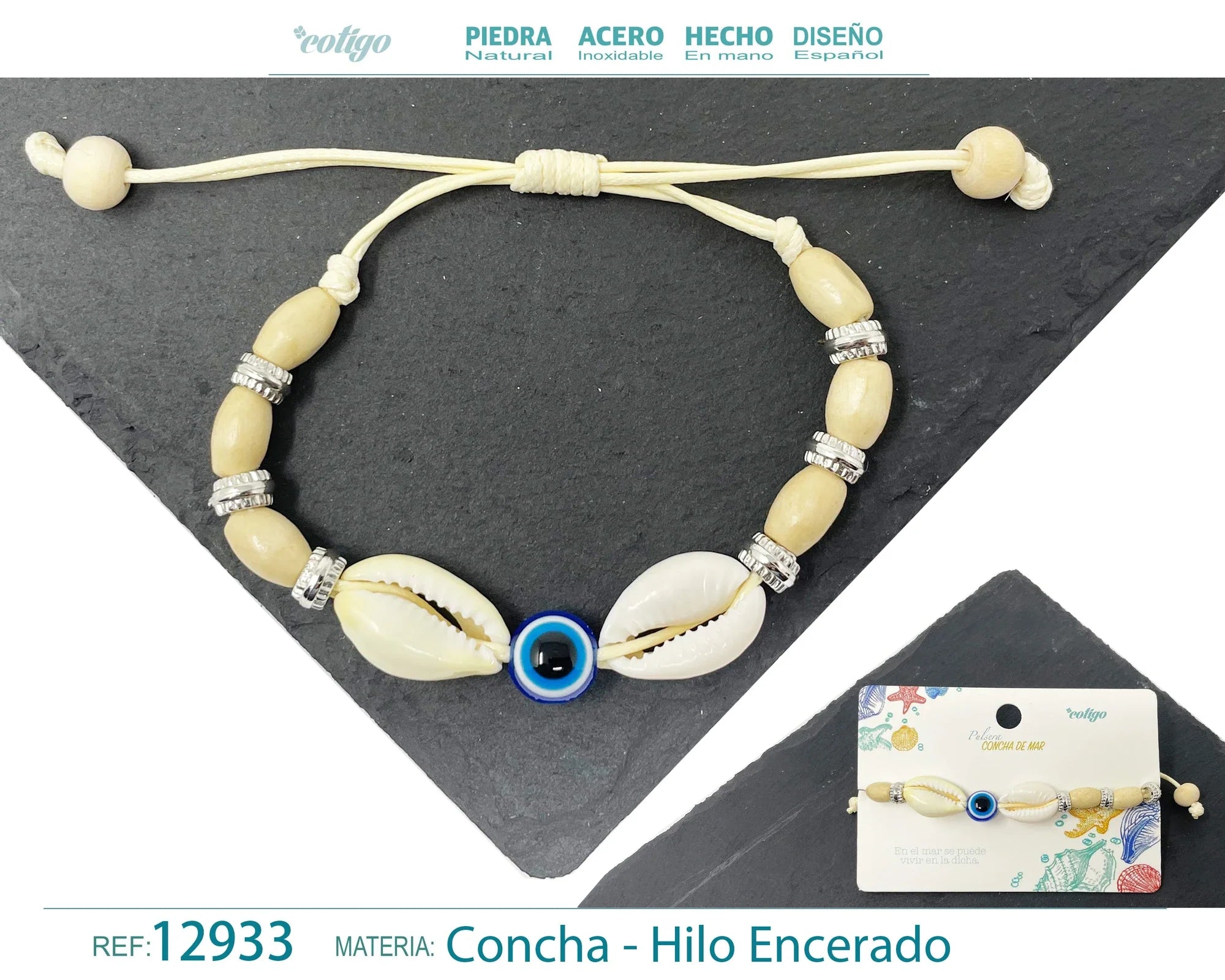 Pulsera Concha Hilo Encerado Ojo Turco Plata