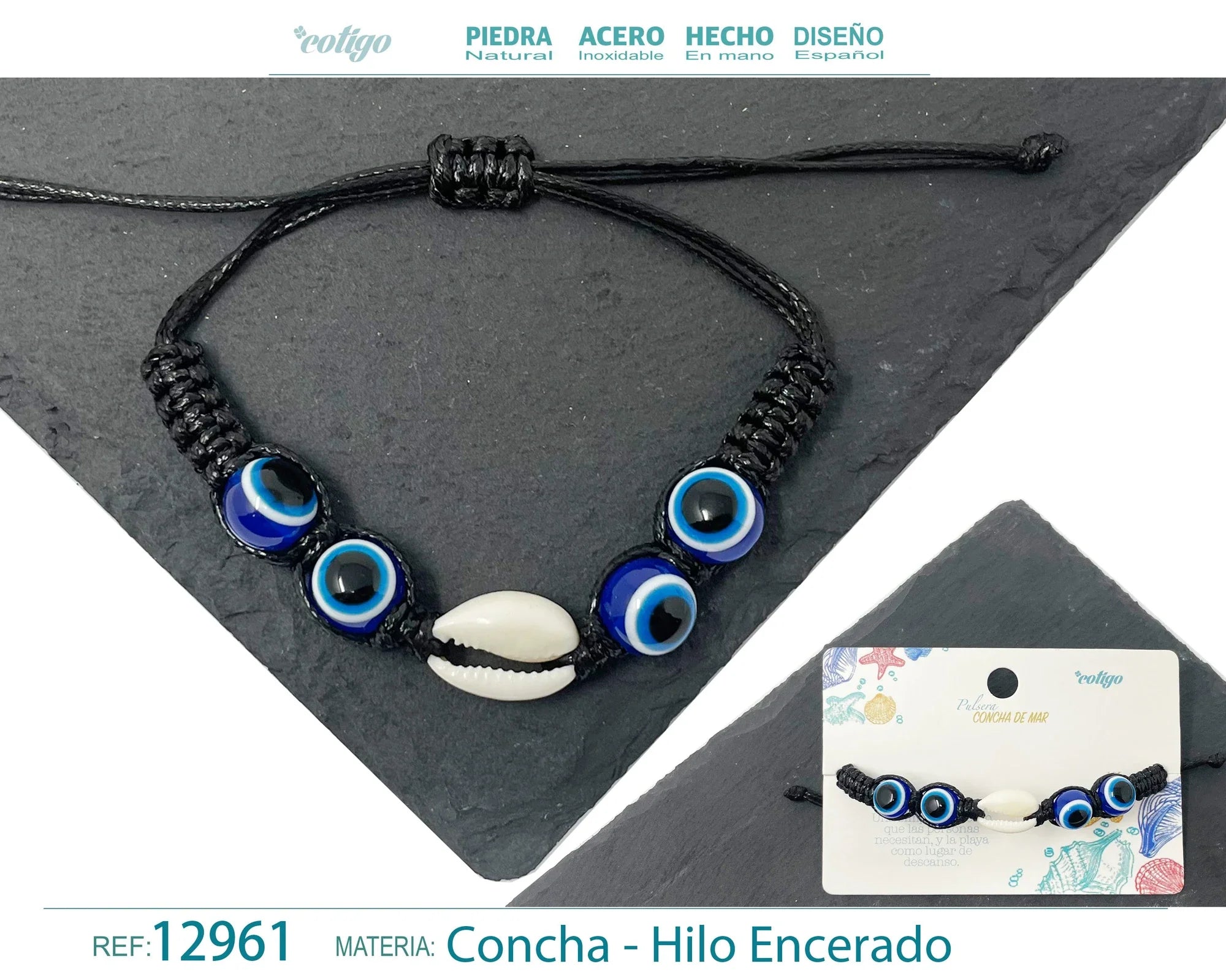 Pulsera Concha Hilo Encerado Ojos Turcos Azules