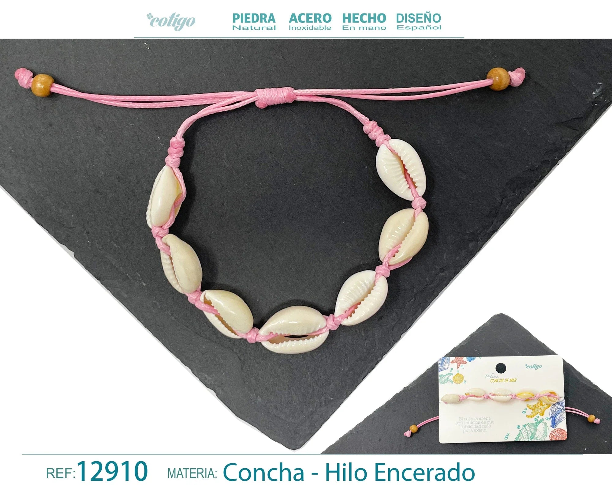 Pulsera Concha Hilo Encerado Rosa Claro