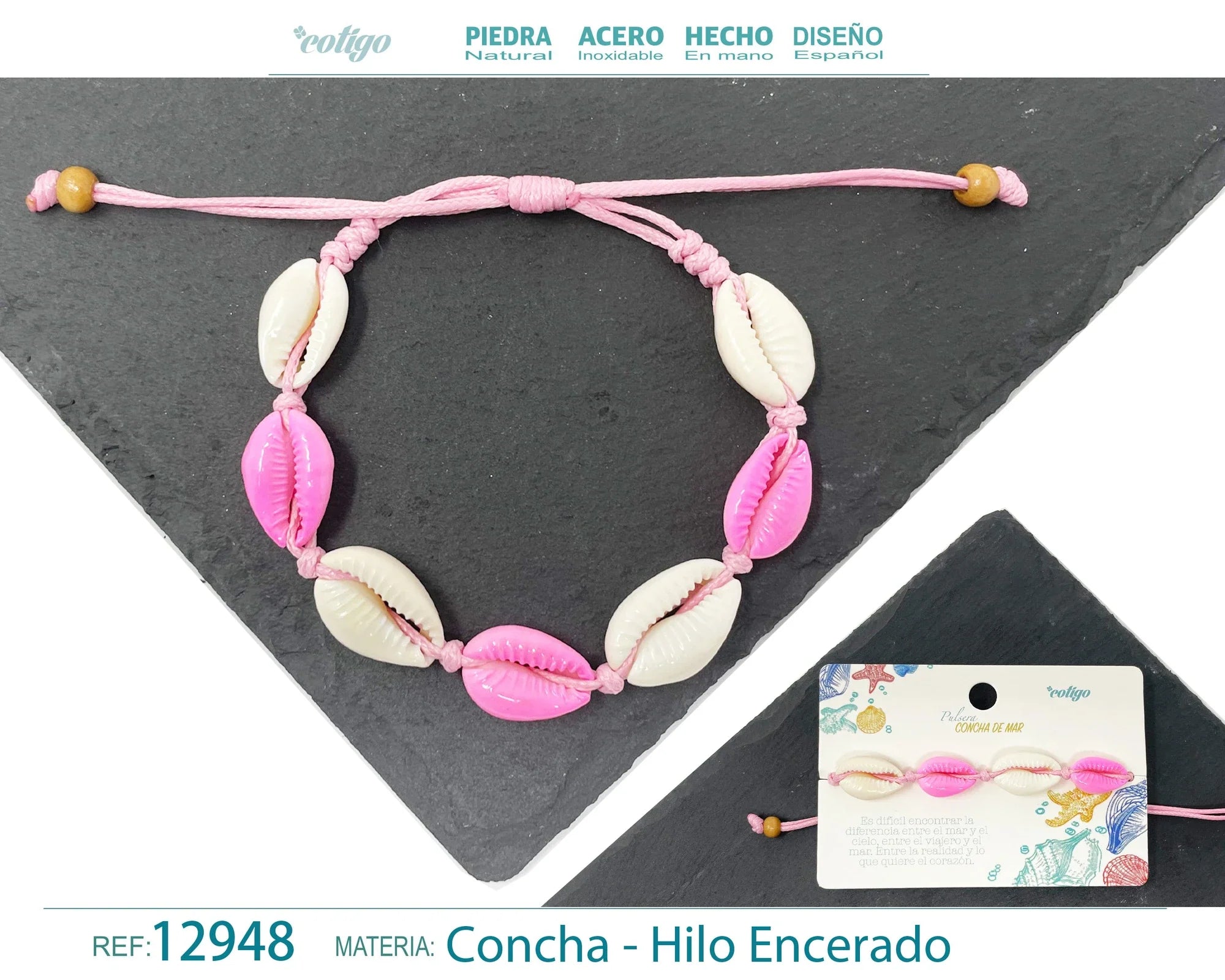 Pulsera Concha Hilo Encerado Rosa Concha Rosa