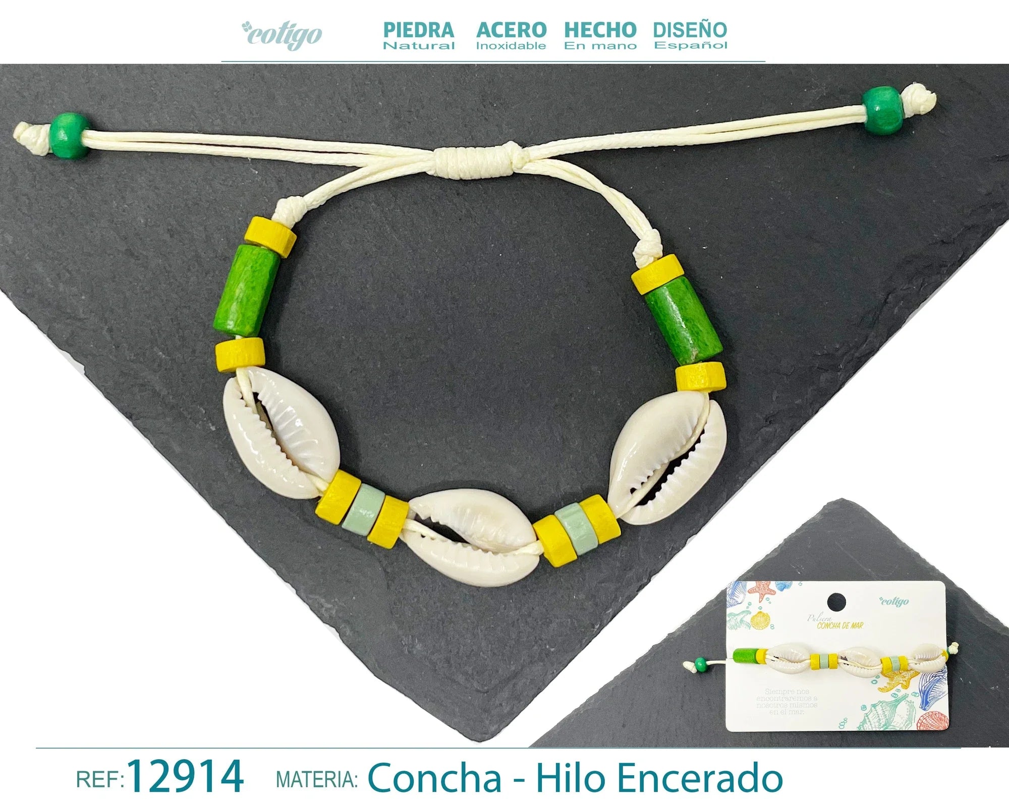 Pulsera Concha Hilo Encerado Verde Amarillo