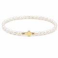 Pulsera Elástica con Cruz Dorada Y Cuentas Efecto Perla