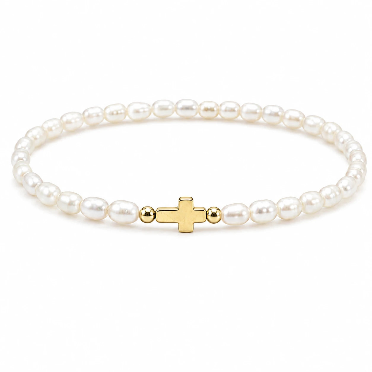 Pulsera Elástica con Cruz Dorada Y Cuentas Efecto Perla