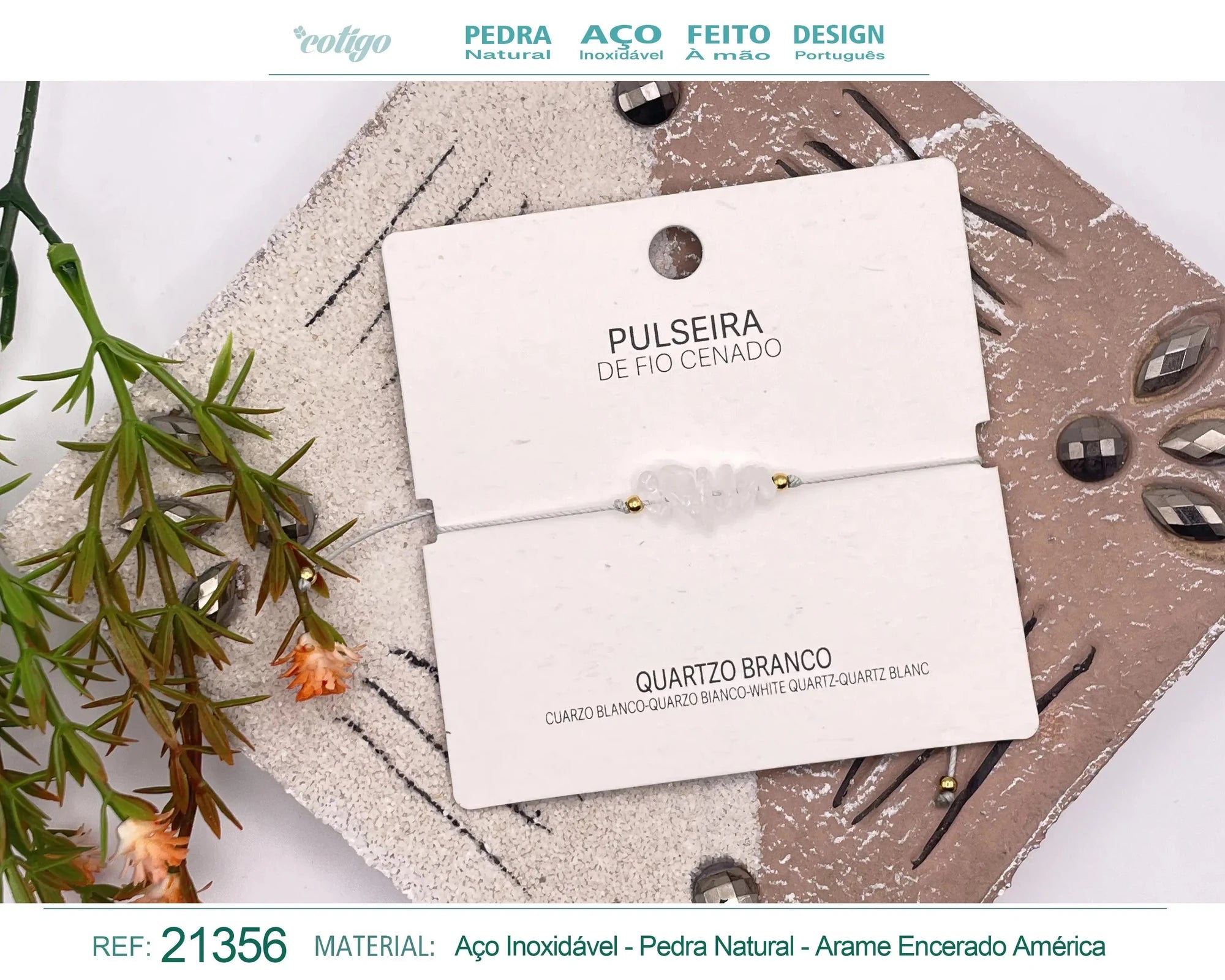 Pulsera de Cuarzo Blanco en Bruto con Hilo Encerado acabado