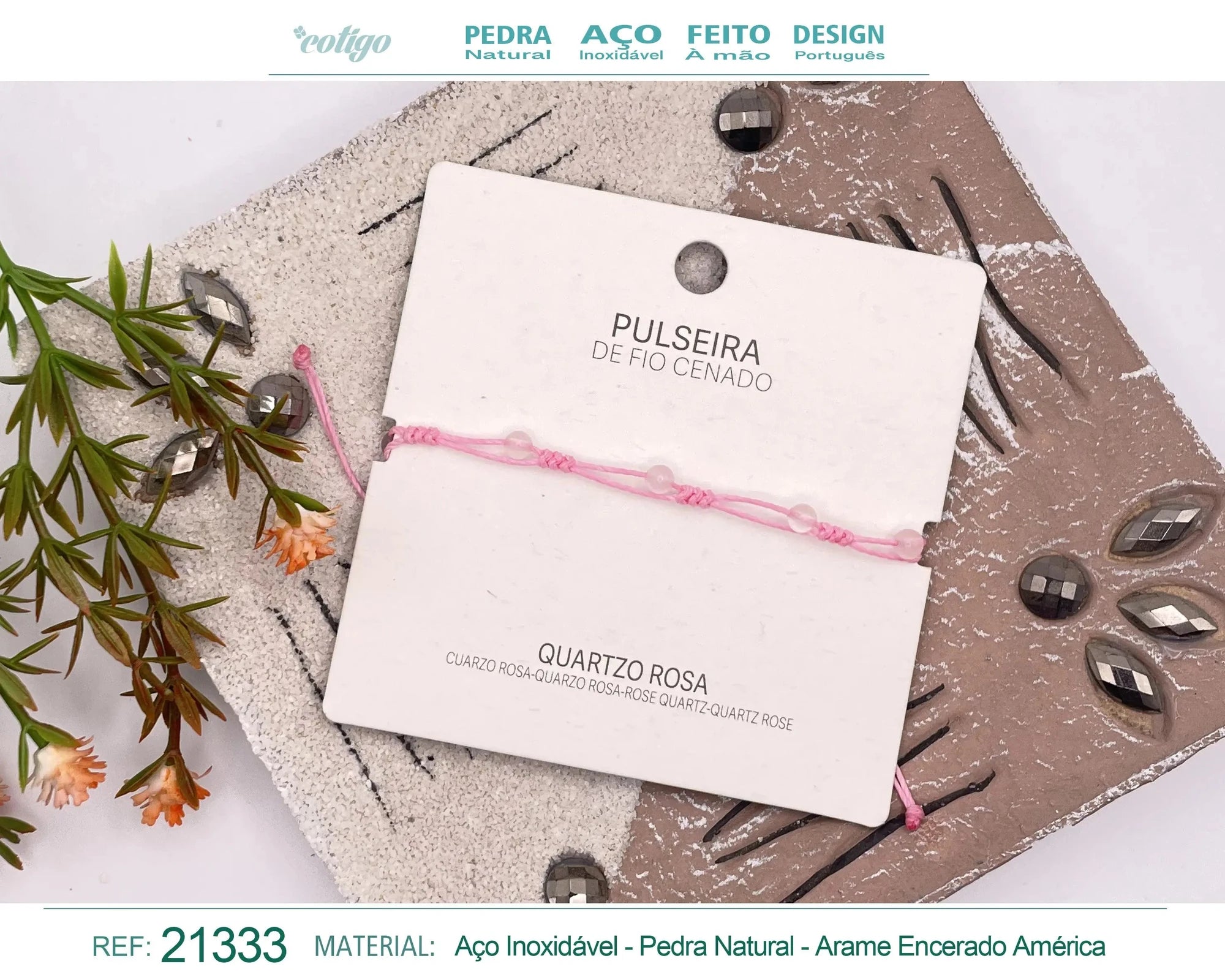 Pulsera de Cuarzo Rosa con Bolitas Minerales acabado