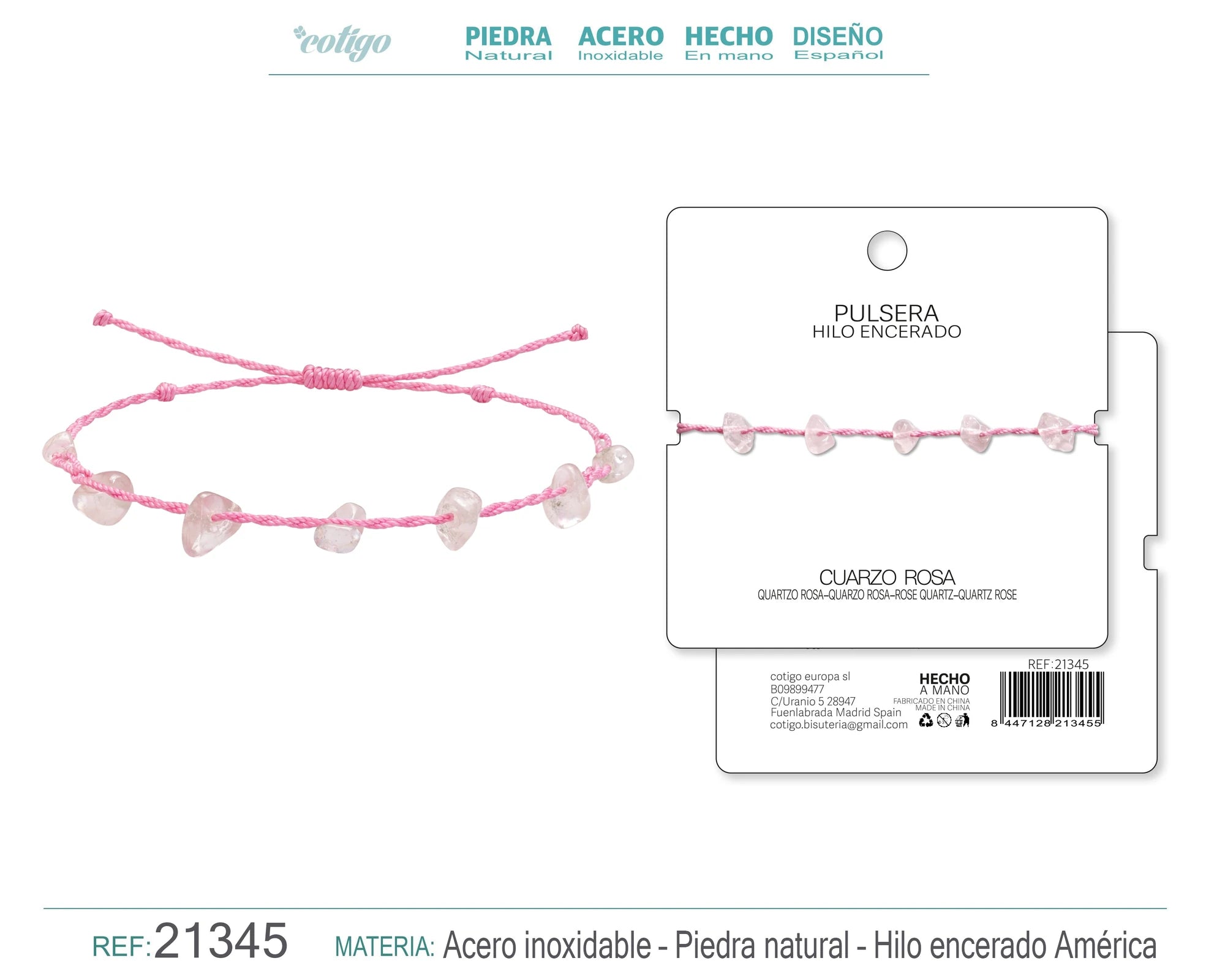 Pulsera de Cuarzo Rosa con Chips de Piedra acabado