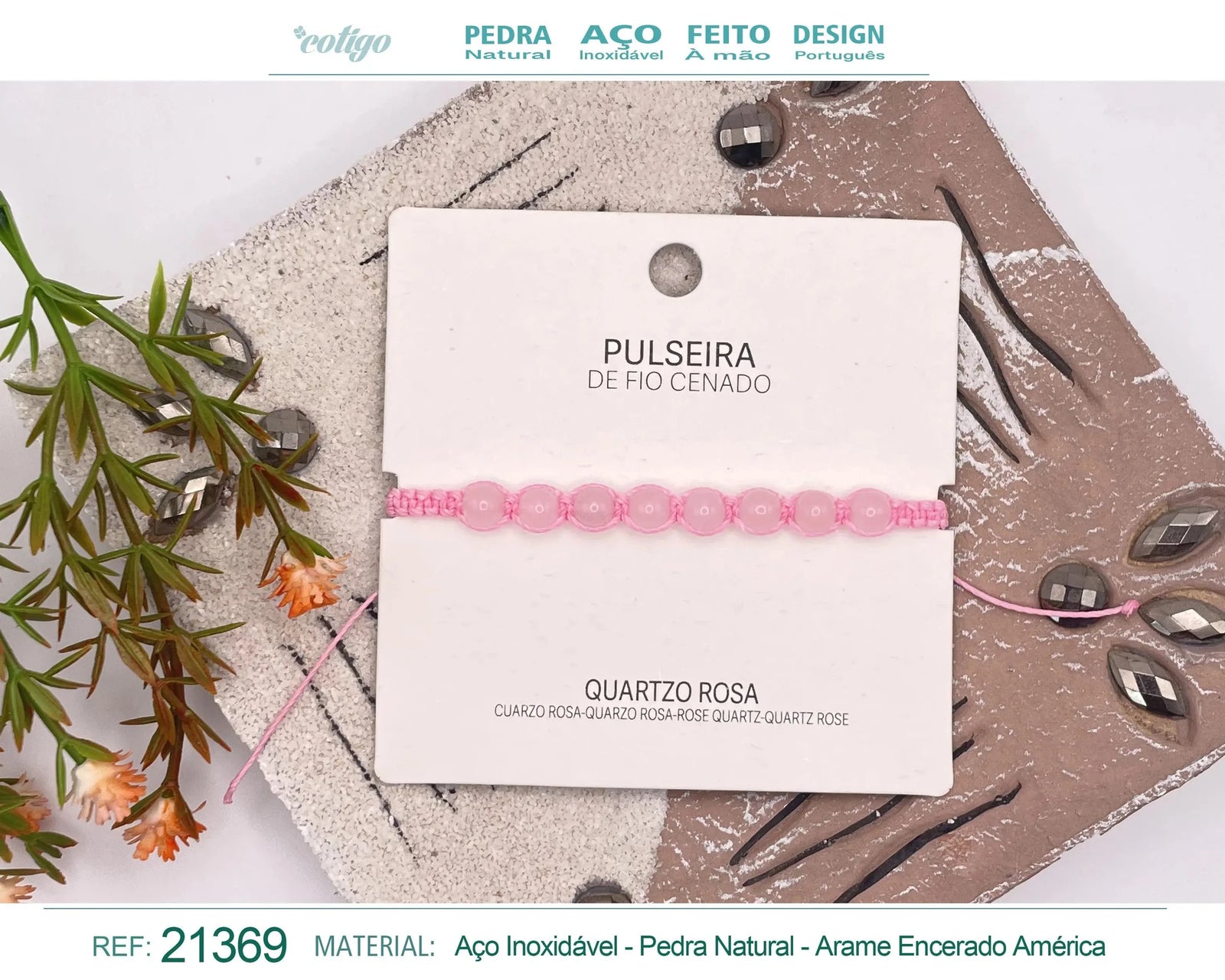 Pulsera de Cuarzo Rosa con Cuentas Naturales acabado