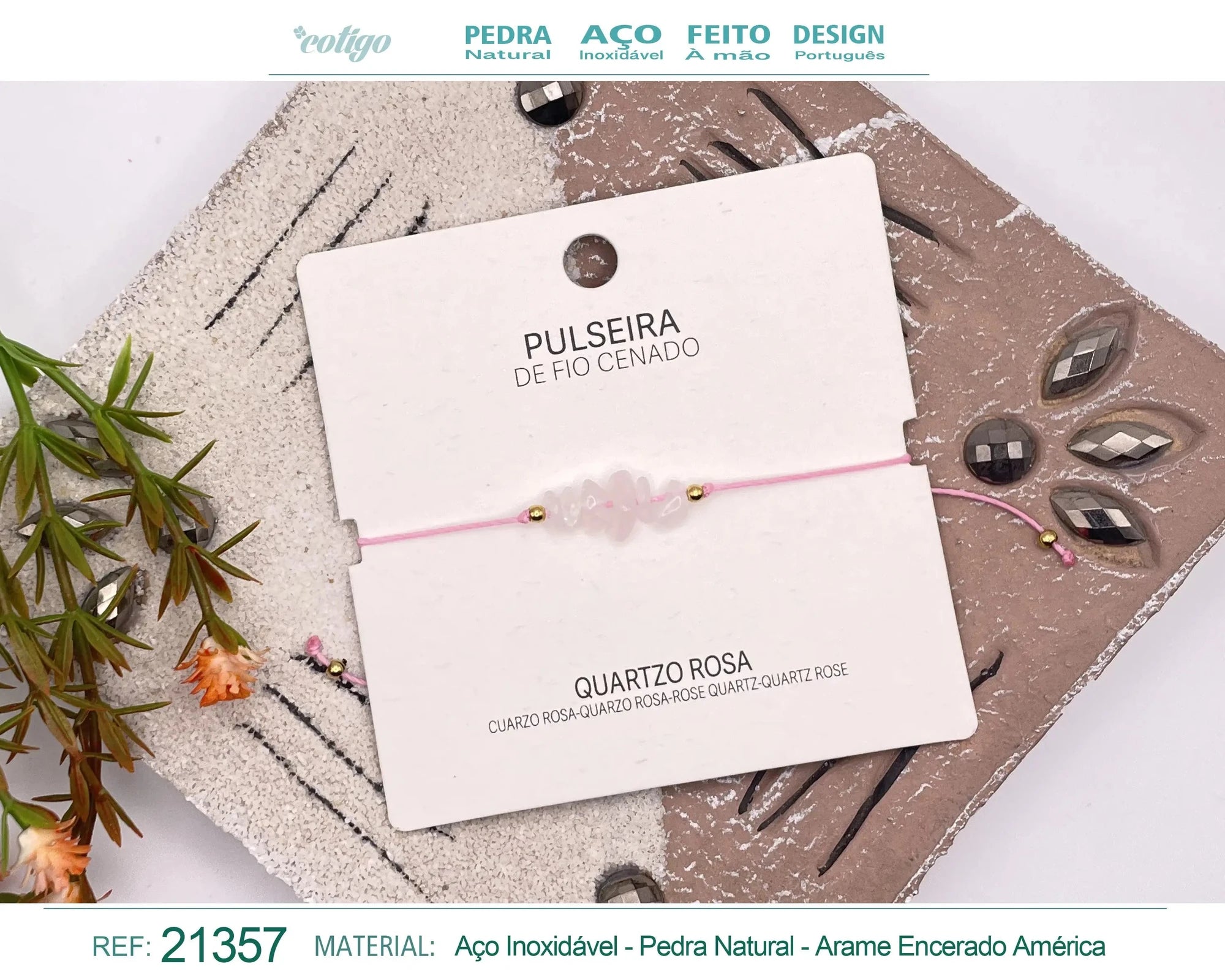 Pulsera de Cuarzo Rosa en Bruto con Hilo Encerado acabado