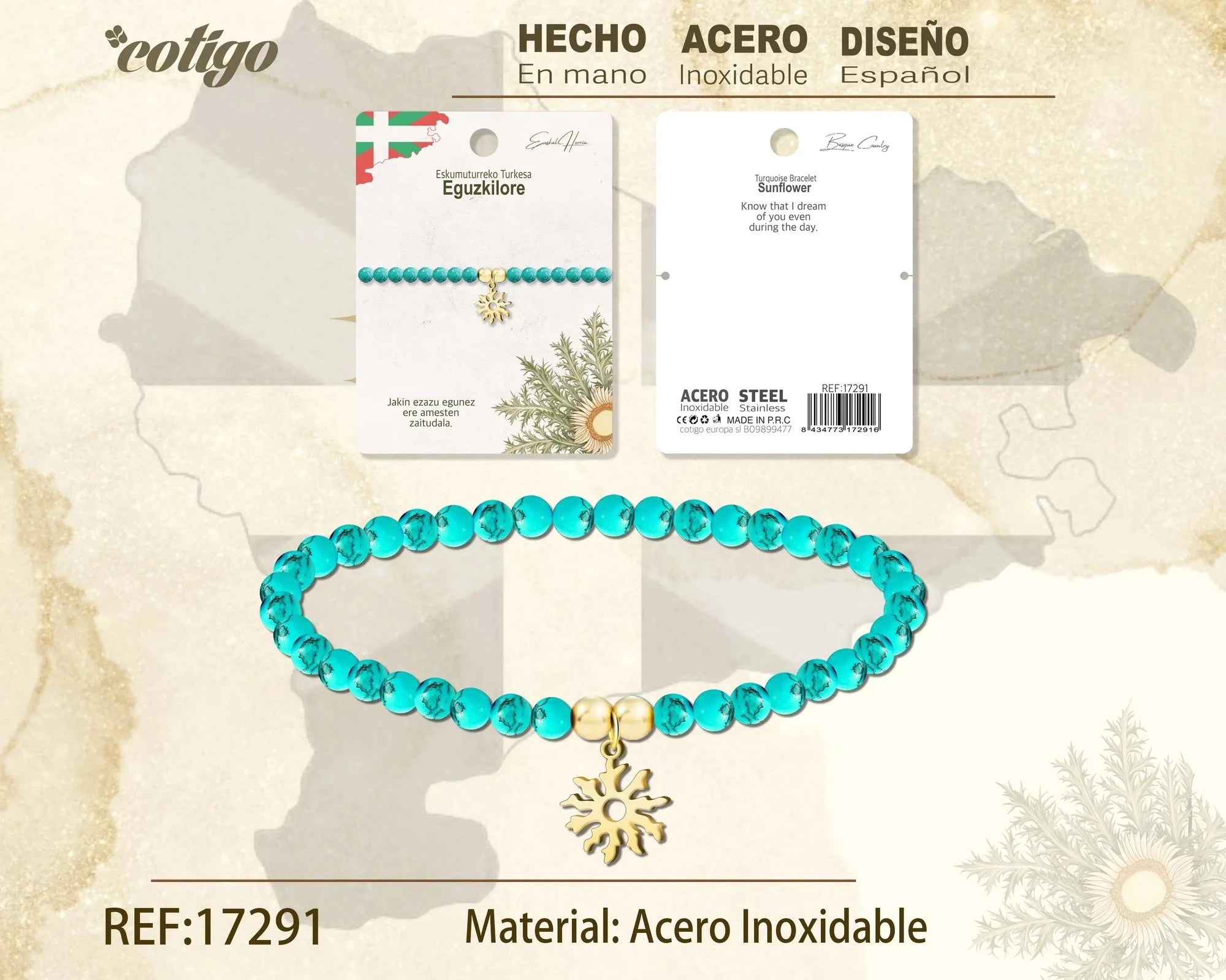 Pulsera Eguzkilore Turquesa Dorado diseño