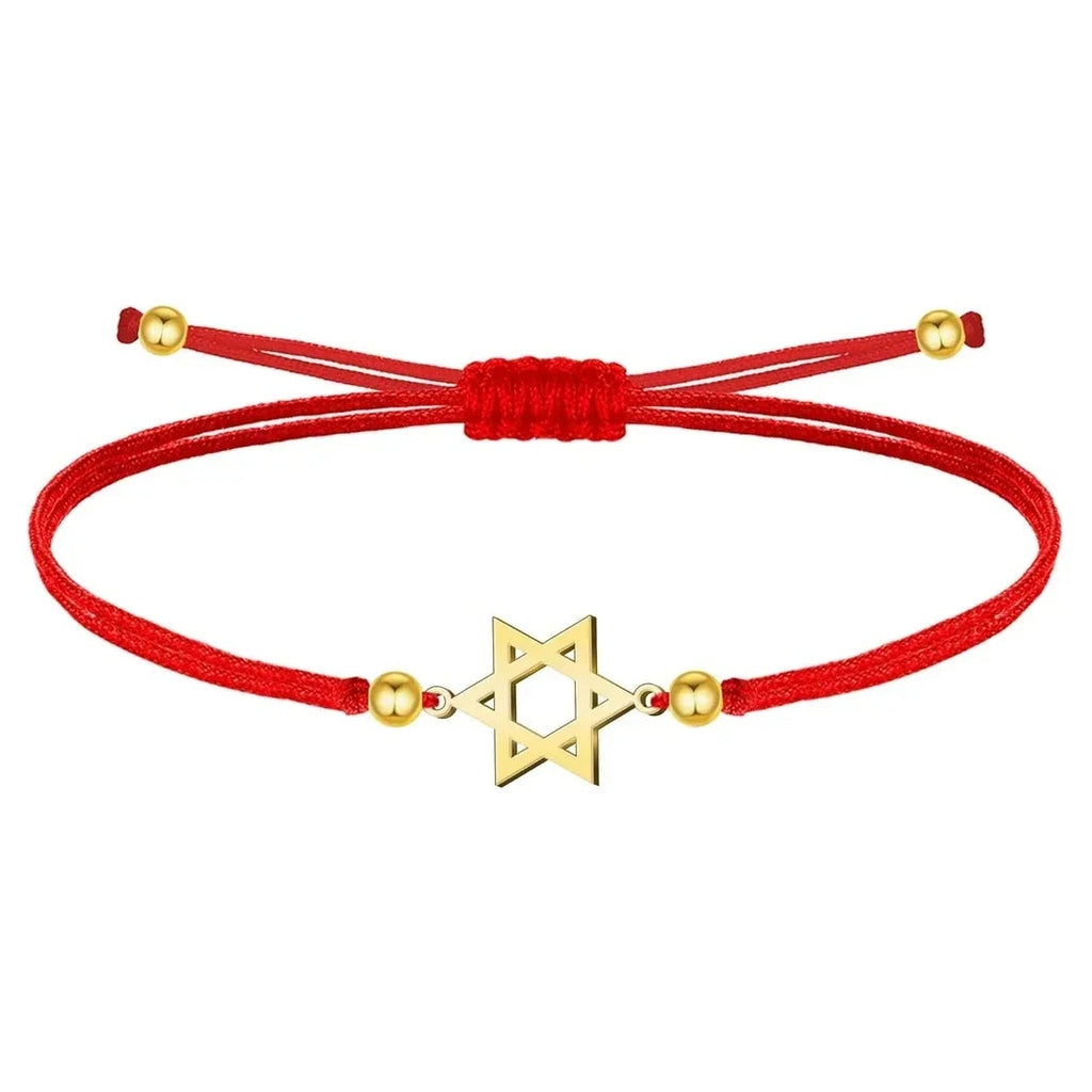 Pulsera Estrella de David Hilo Rojo Acero Dorado
