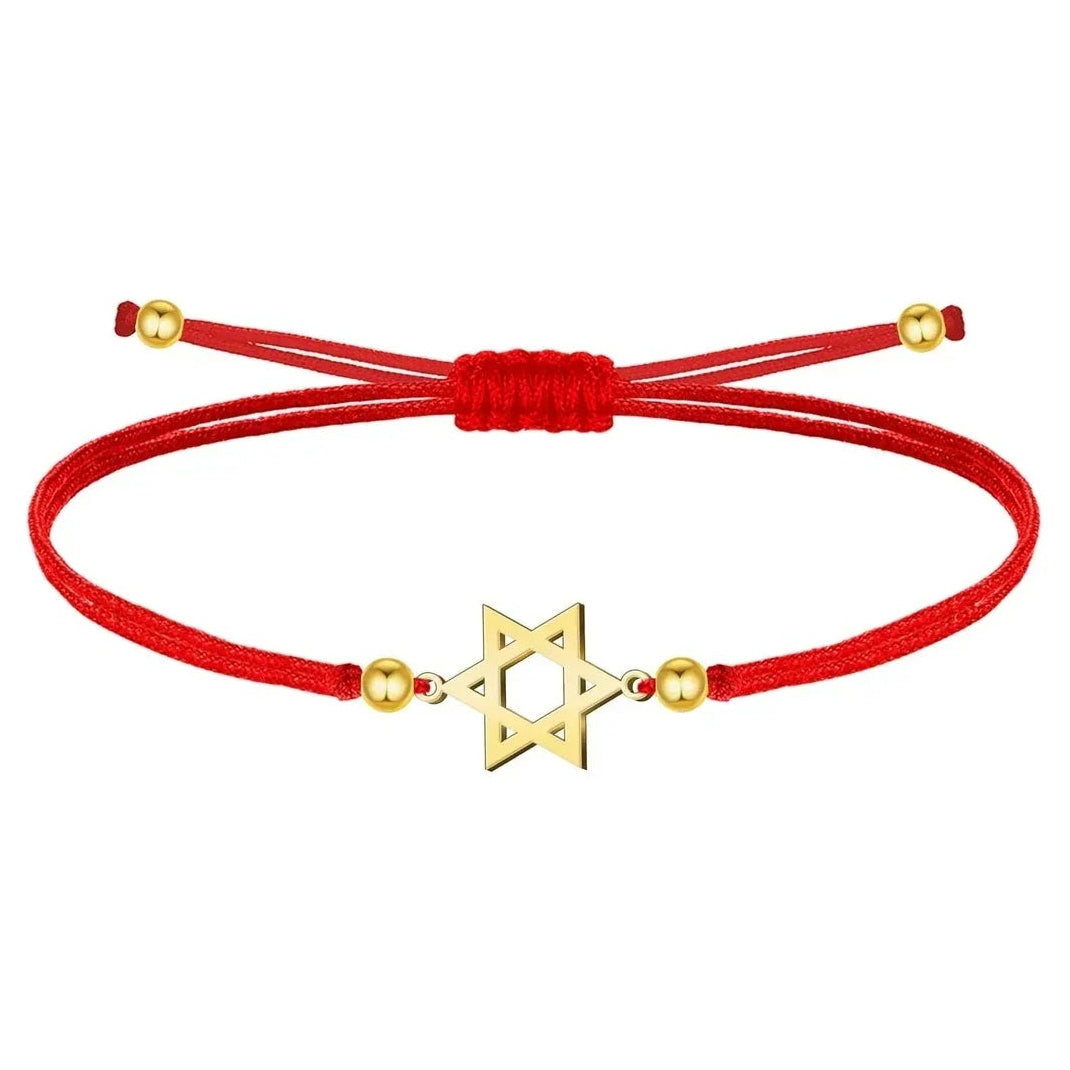Pulsera Estrella de David Hilo Rojo Acero Dorado
