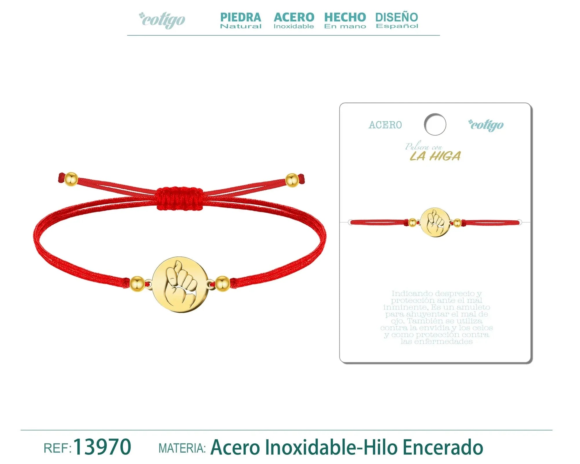 Pulsera Higa Hilo Rojo Acero Dorado
