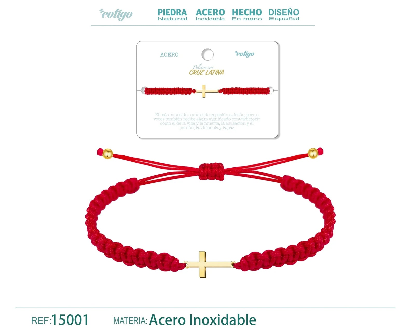 Pulsera Hilo Destino con Cruz Latina en Acero Dorado