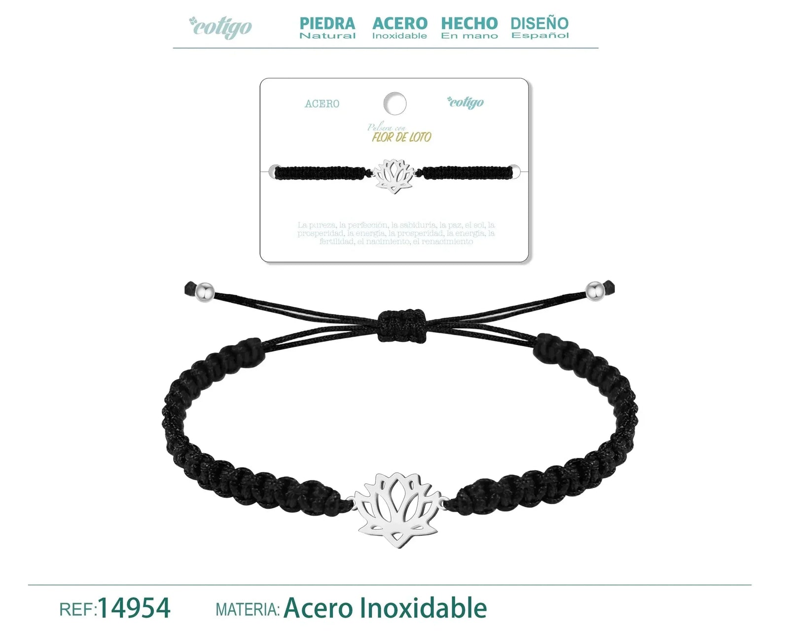 Pulsera Hilo Destino Flor de Loto Acero Plateado