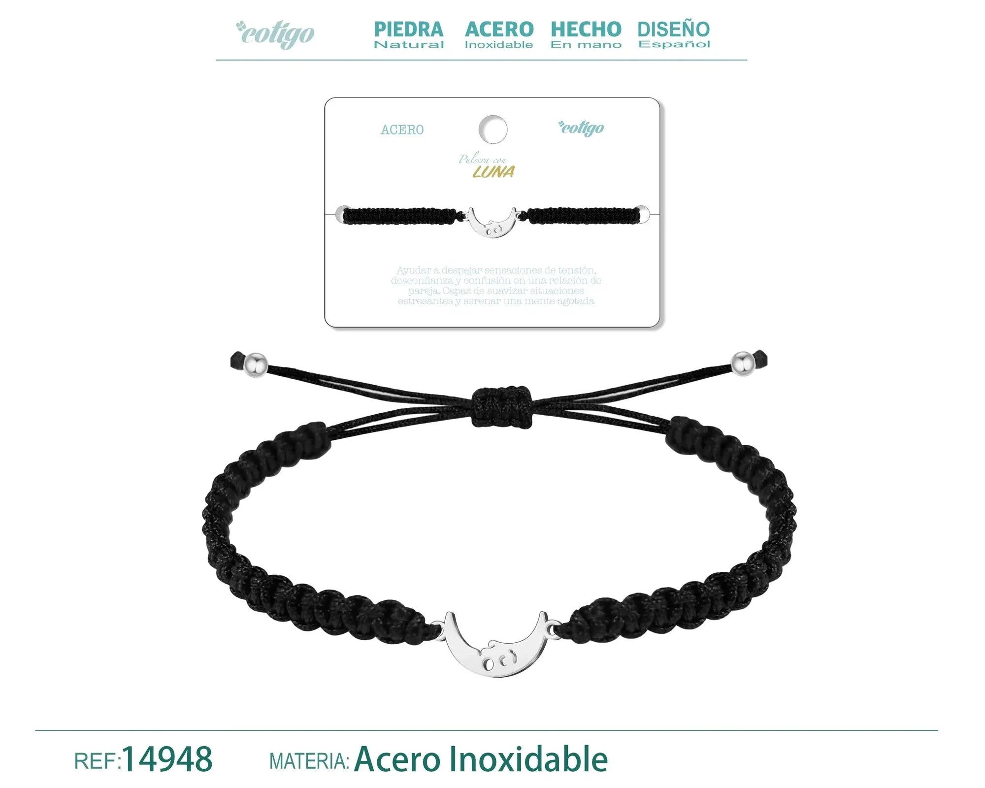 Pulsera Hilo Destino Luna Acero Plateado