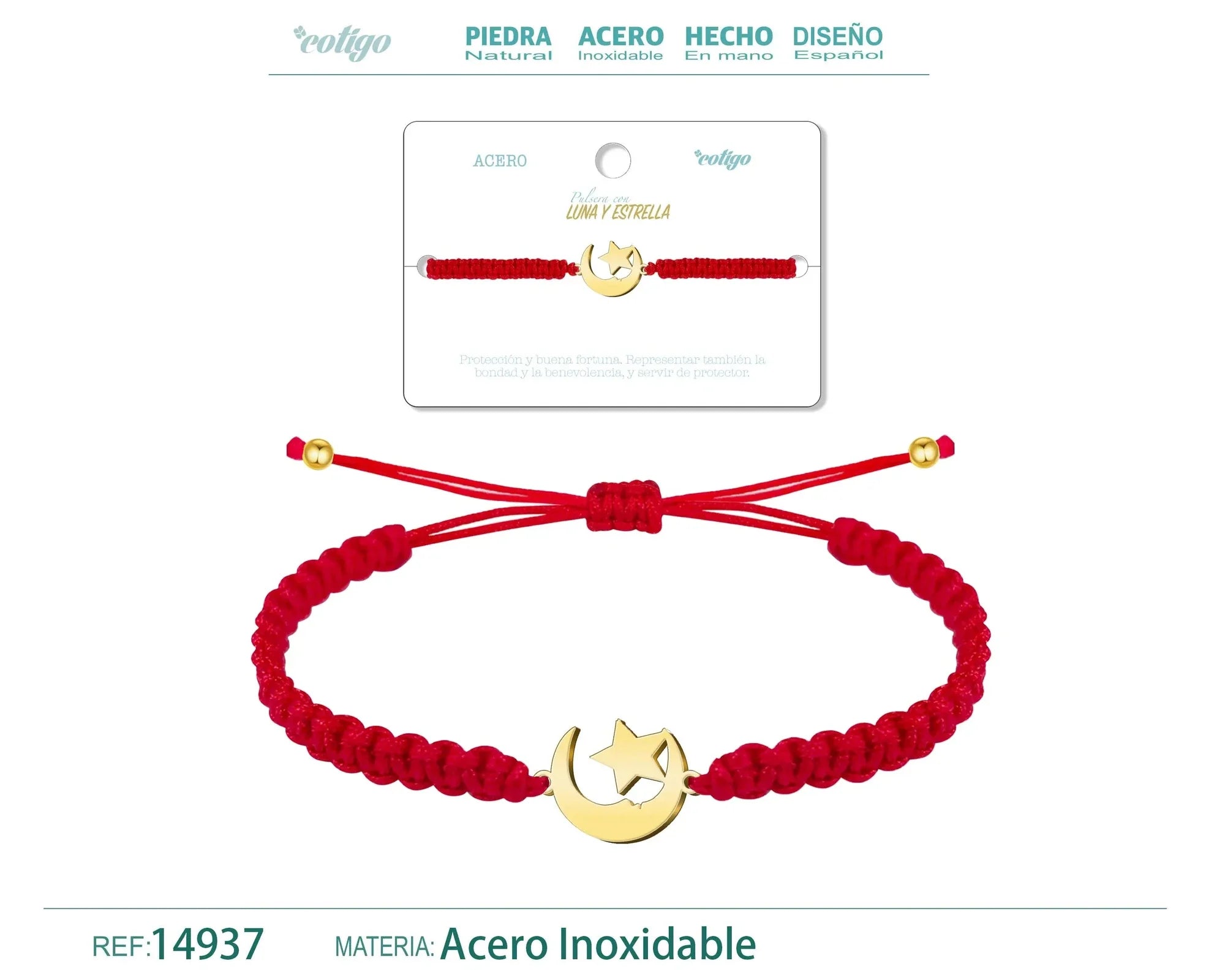 Pulsera Hilo Destino Luna Y Estrella Acero Dorado