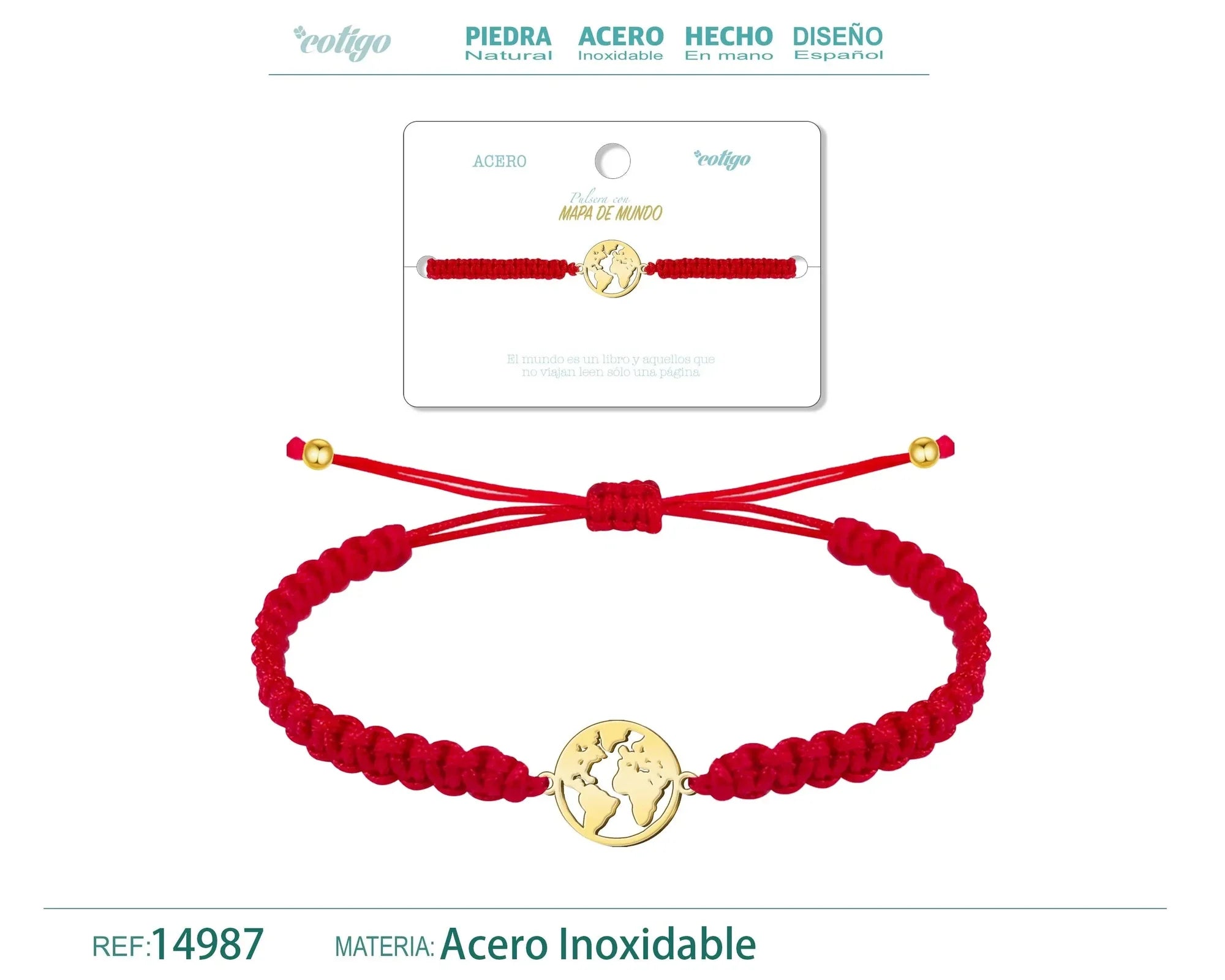 Pulsera Hilo Destino Mapa del Mundo Acero Dorado