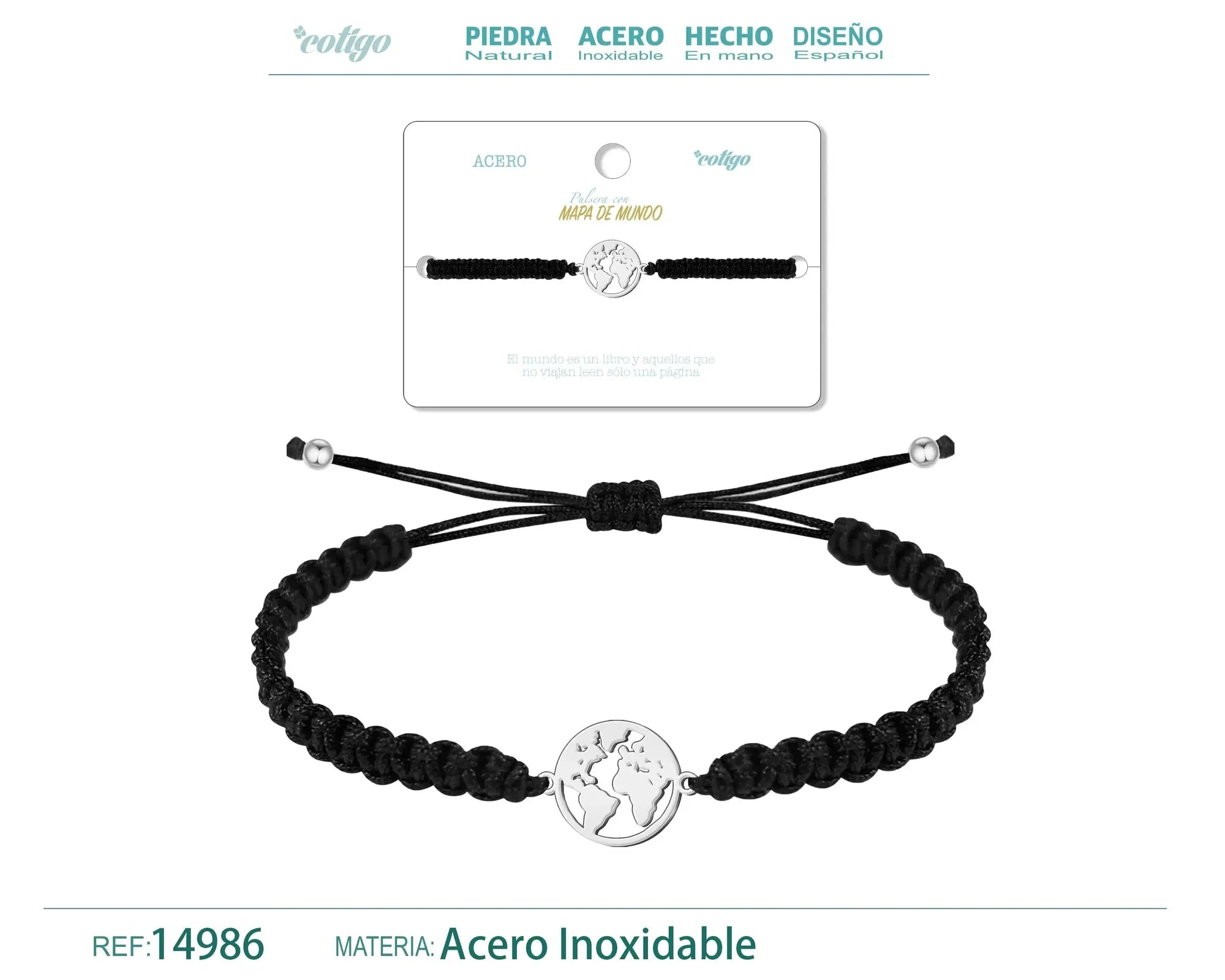 Pulsera Hilo Destino Mapa del Mundo Acero Plateado