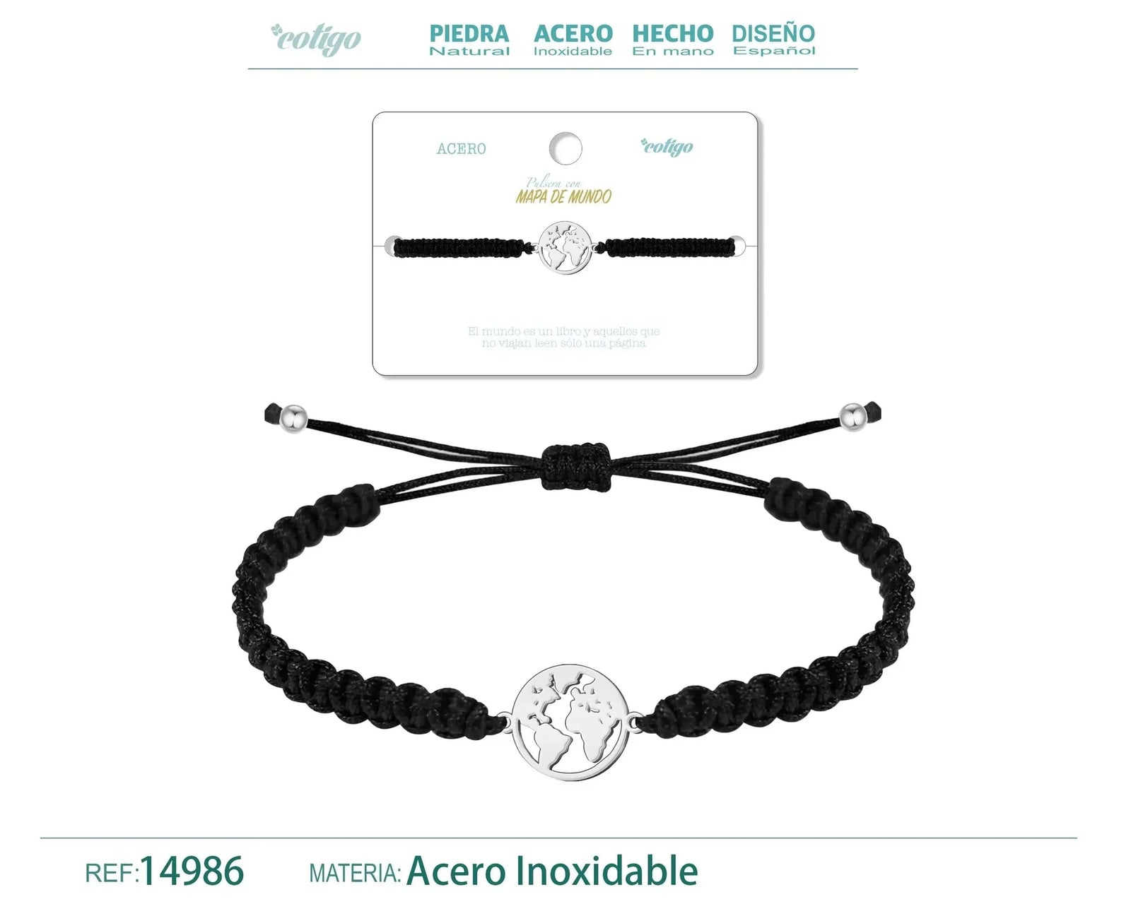 Pulsera Hilo Destino Mapa del Mundo Acero Plateado