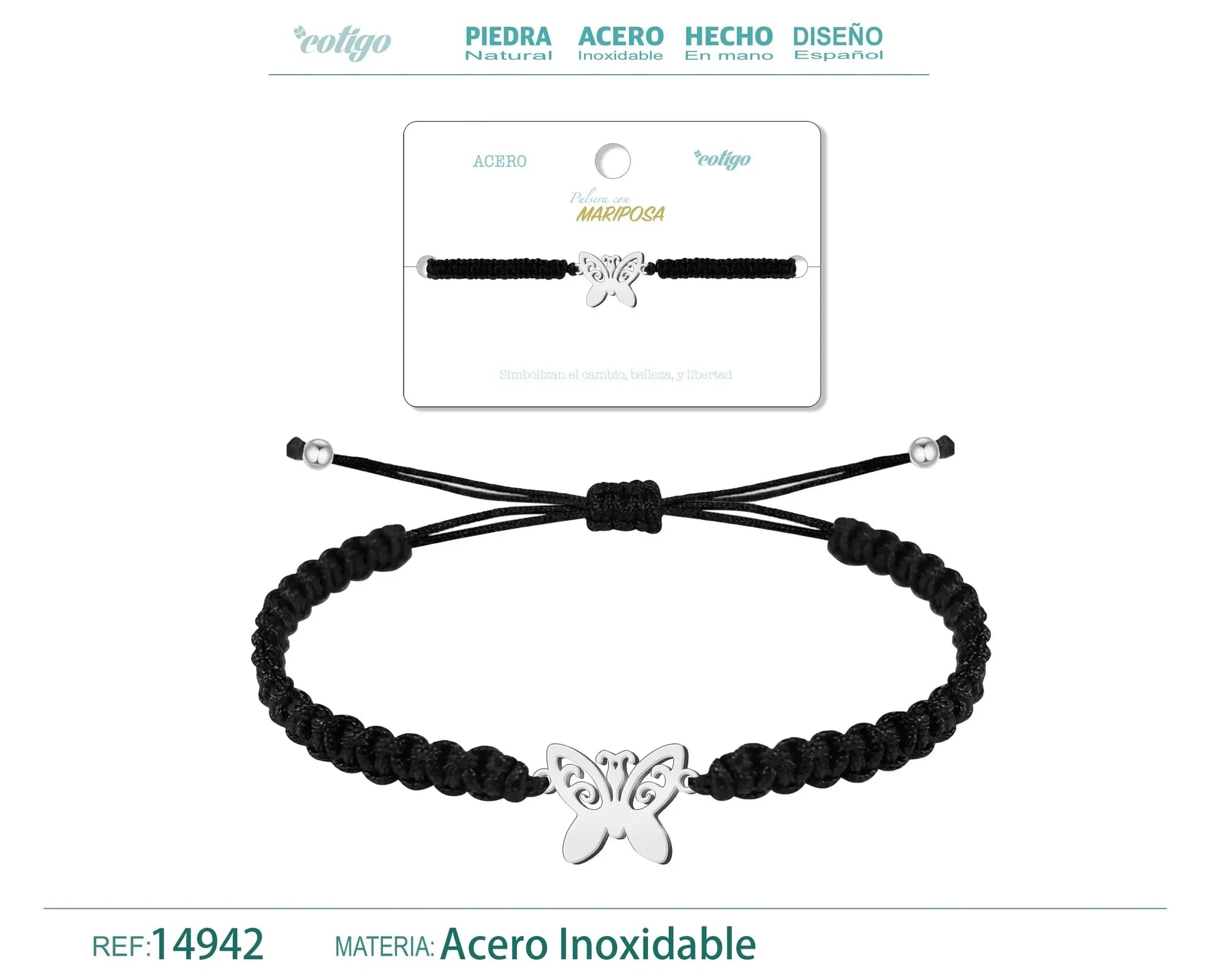 Pulsera Hilo Destino Mariposa Acero Plateado