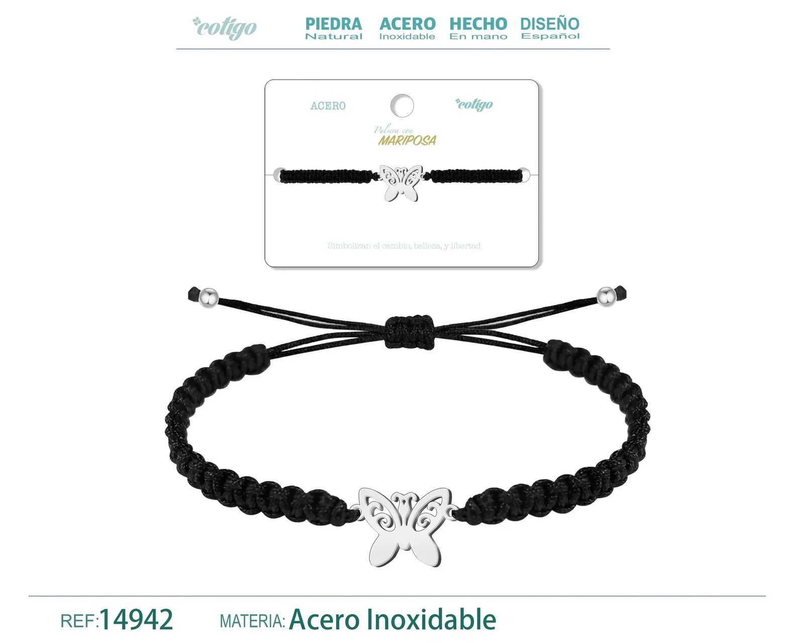 Pulsera Hilo Destino Mariposa Acero Plateado