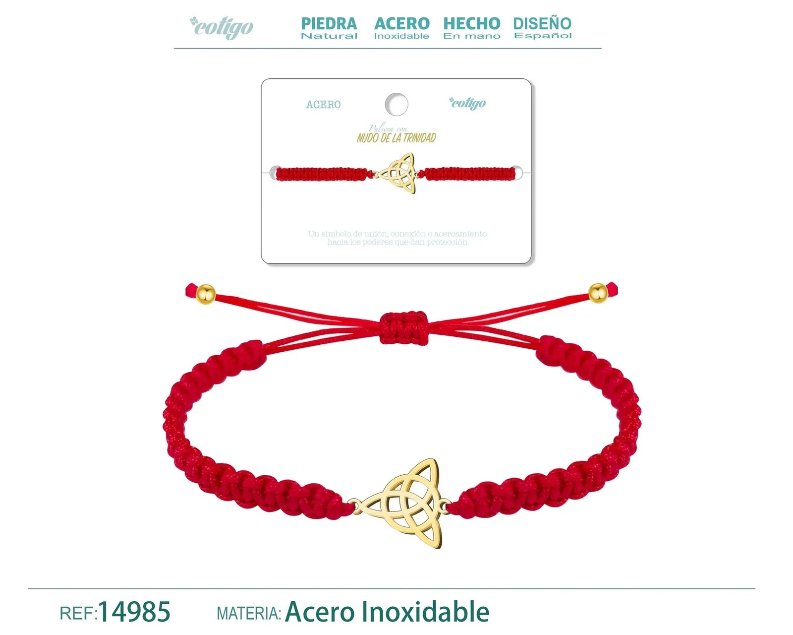 Pulsera Hilo Destino Nudo de la Trinidad Acero Dorado