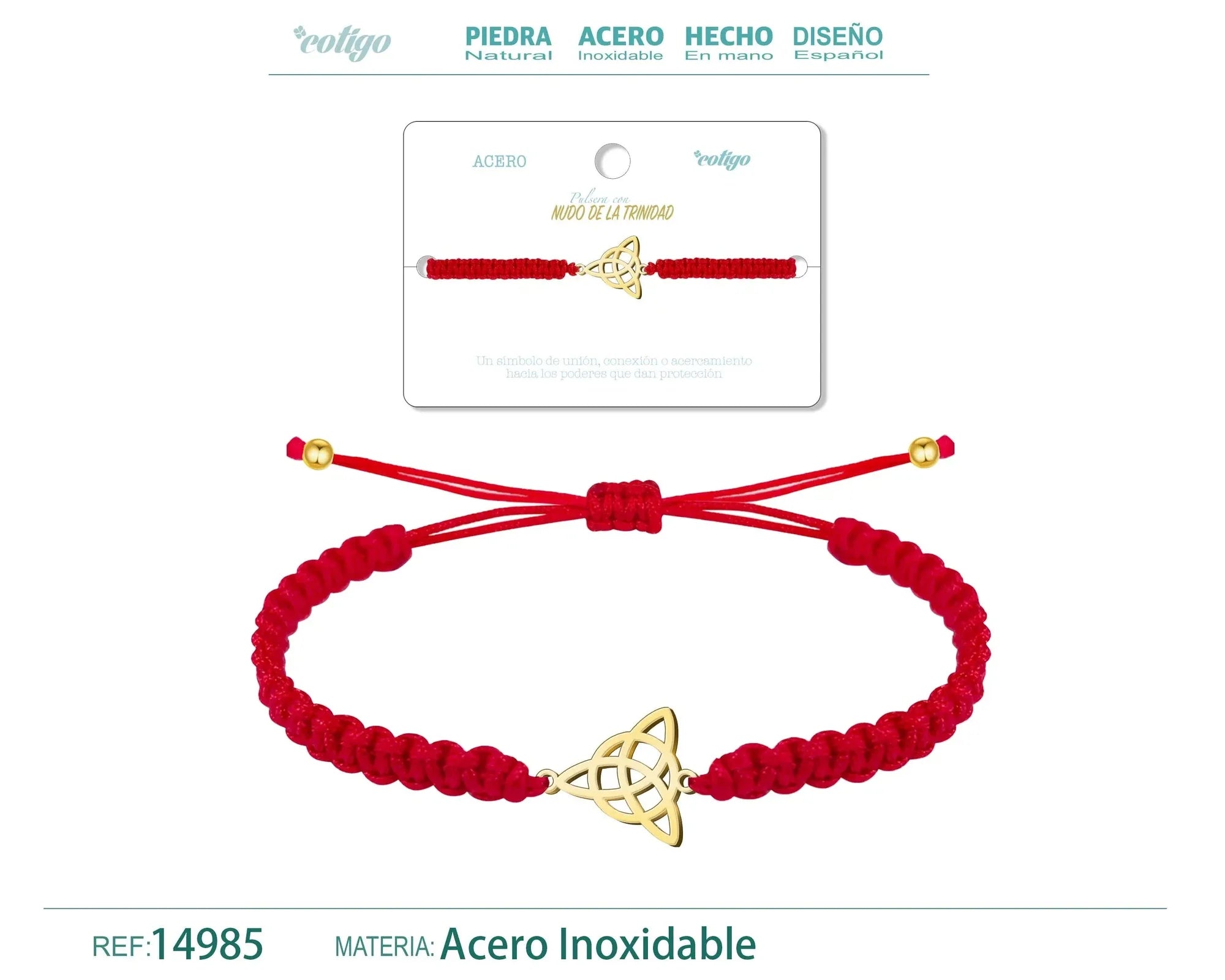 Pulsera Hilo Destino Nudo de la Trinidad Acero Dorado