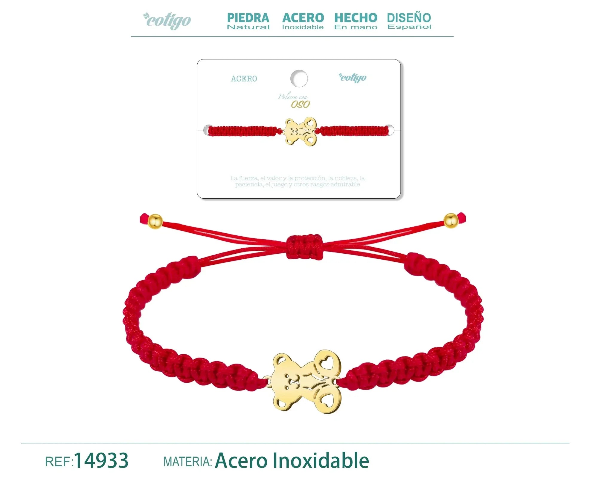 Pulsera Hilo Destino Oso Acero Dorado