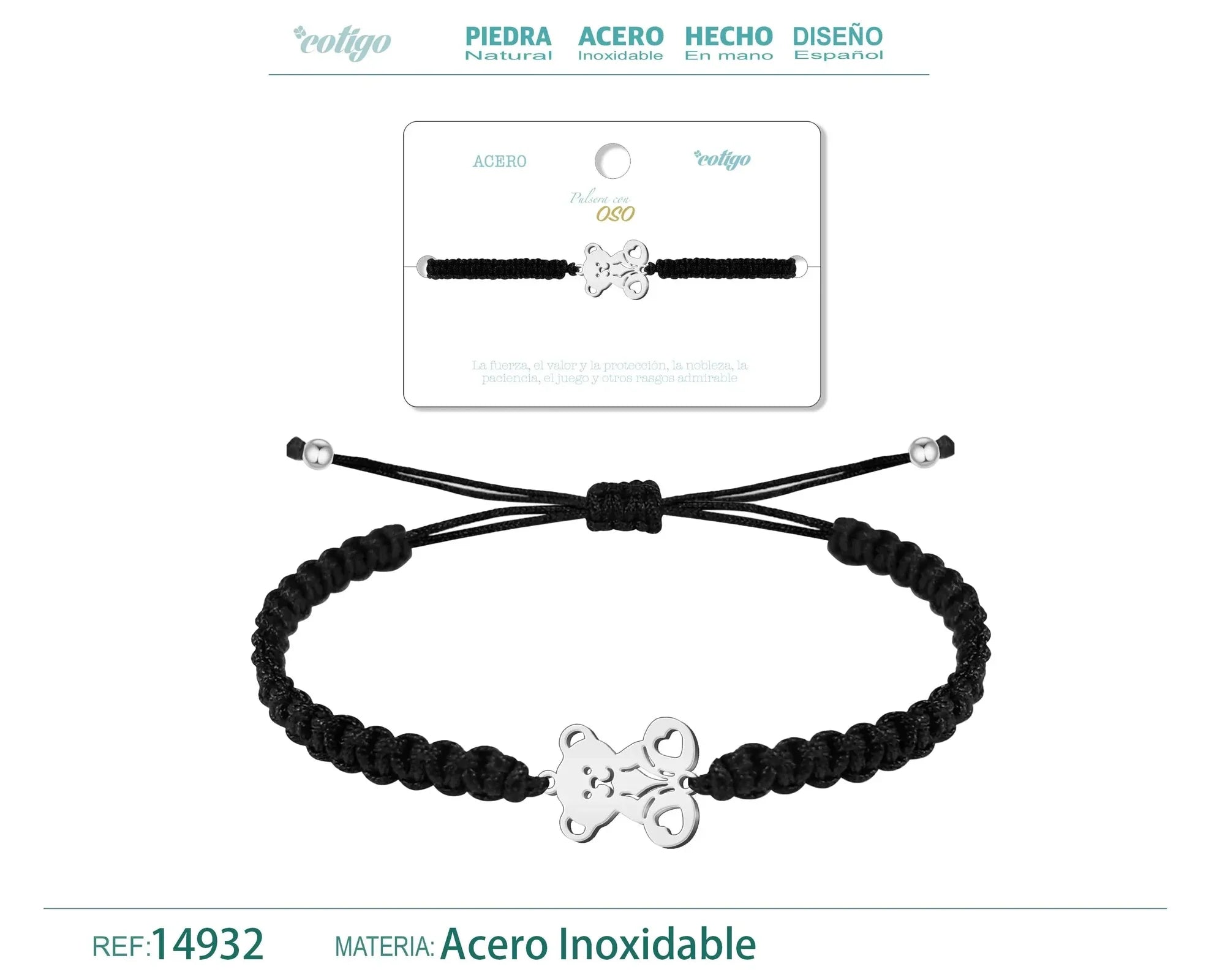 Pulsera Hilo Destino Oso Acero Plateado
