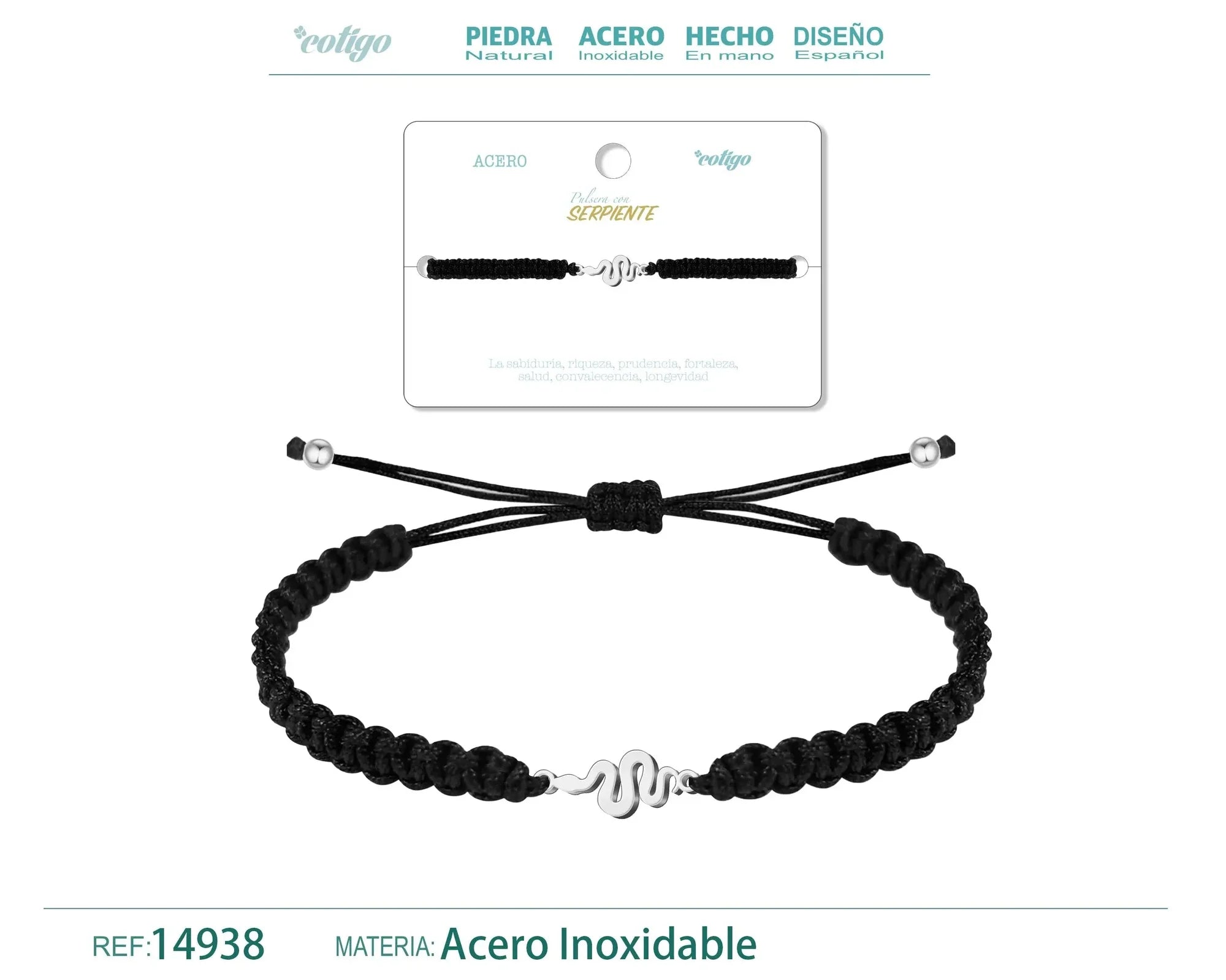 Pulsera Hilo Destino Serpiente Acero Plateado