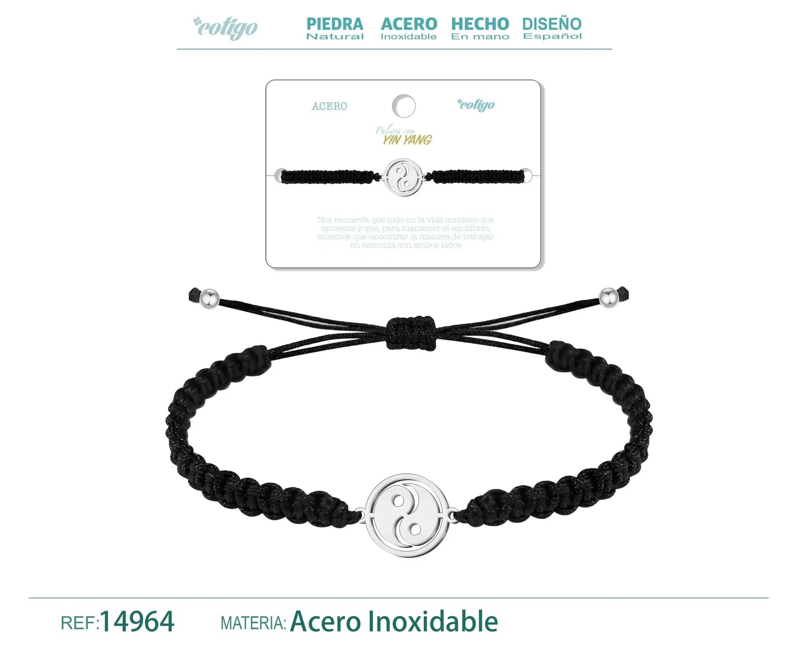 Pulsera Hilo Destino Yin Yang Acero Plateado