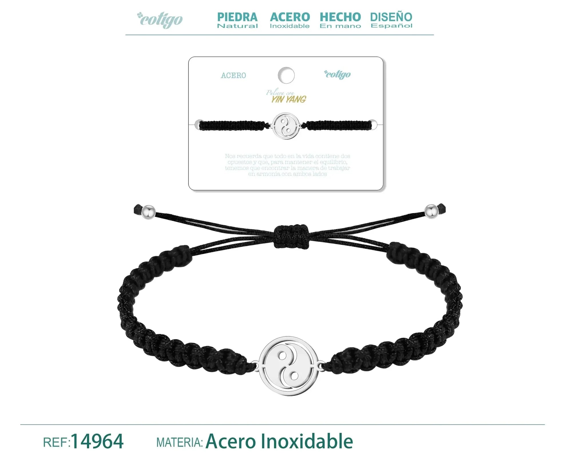 Pulsera Hilo Destino Yin Yang Acero Plateado