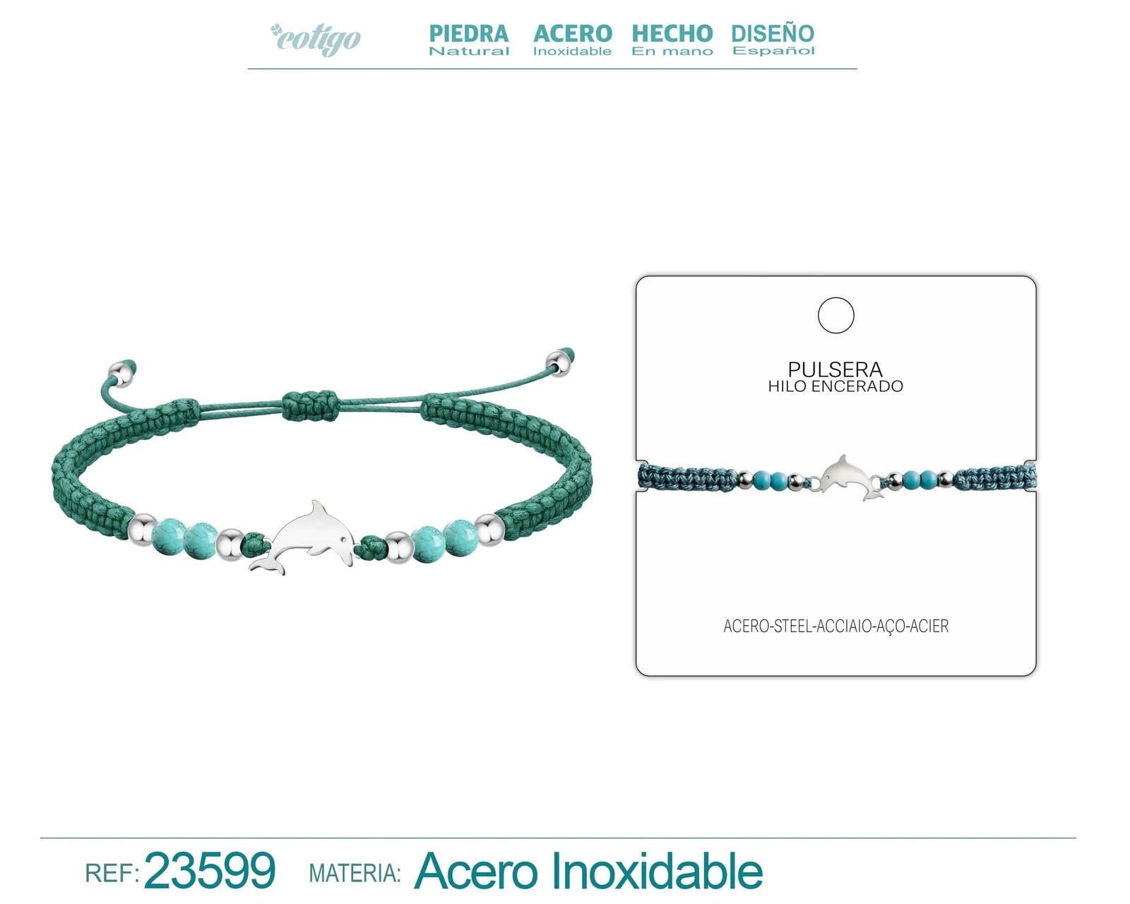 Pulsera Hilo Encerado Azul Cian con Colgante de Delfin