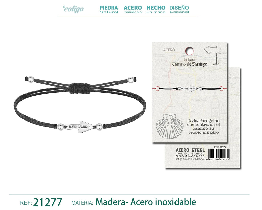 Pulsera Hilo Encerado con la Flecha Camino de Santiago Acero Plateado textura